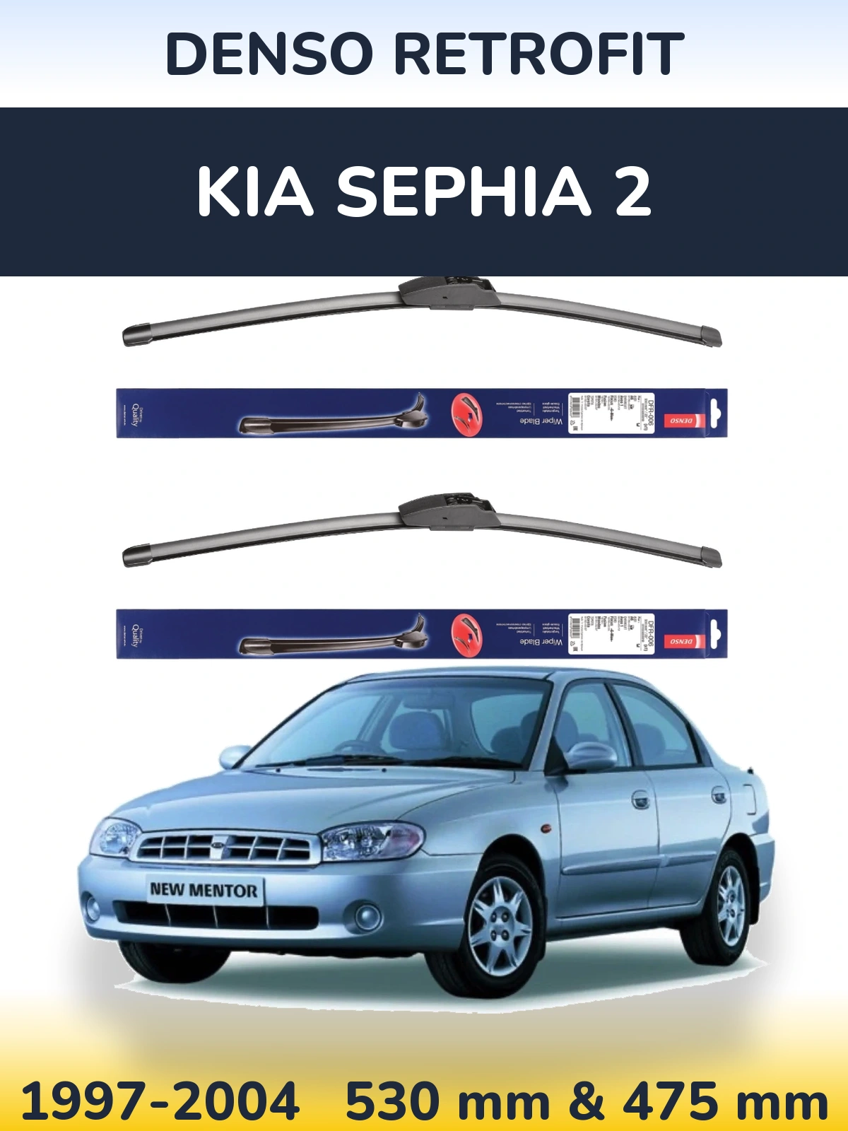 Front wiper blade set Denso Retrofit 530 & 475 mm for KIA Sephia 2 1997-2004