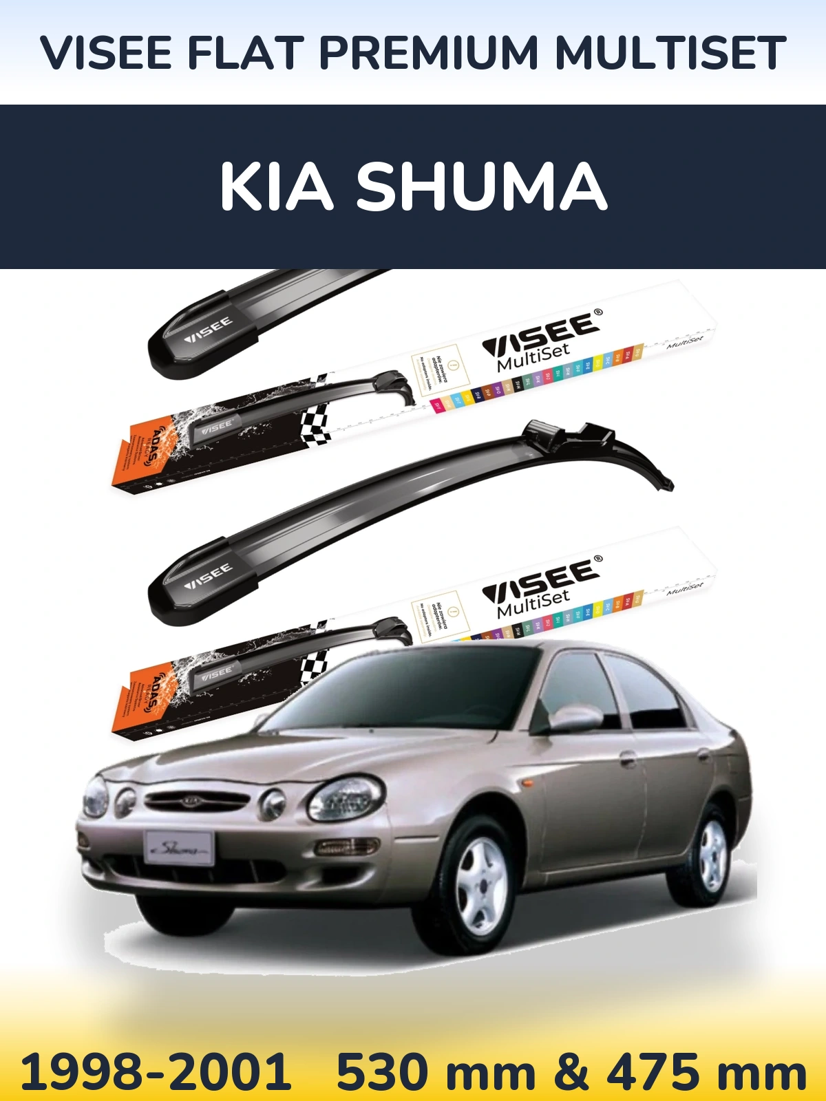 Front wiper blade set VISEE FLAT PREMIUM MultiSet 530 & 475 mm for KIA Shuma 1998-2001