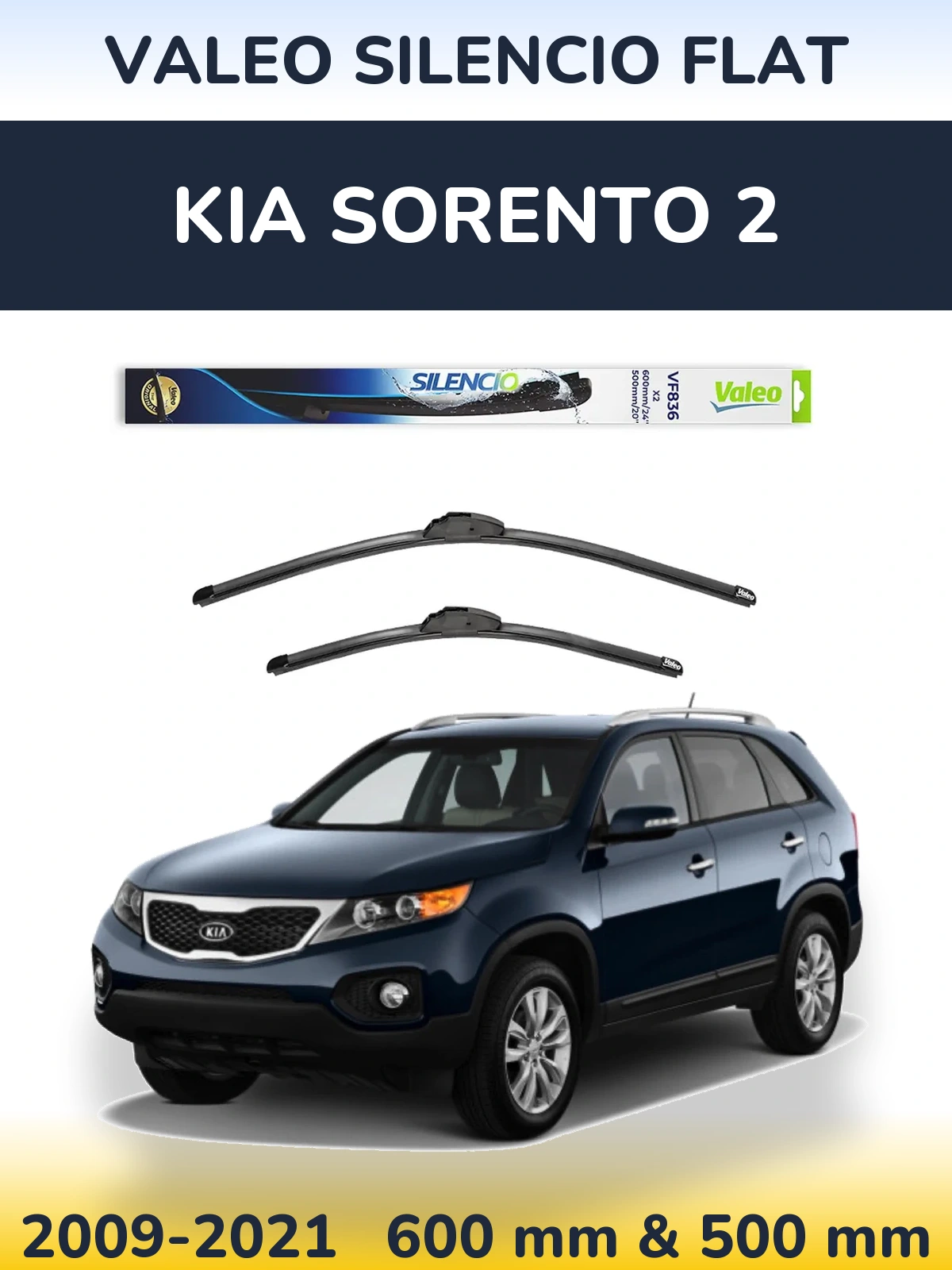 Komplet przednich wycieraczek Valeo Silencio Flat 600 & 500 mm do KIA Sorento 2 2009-2021