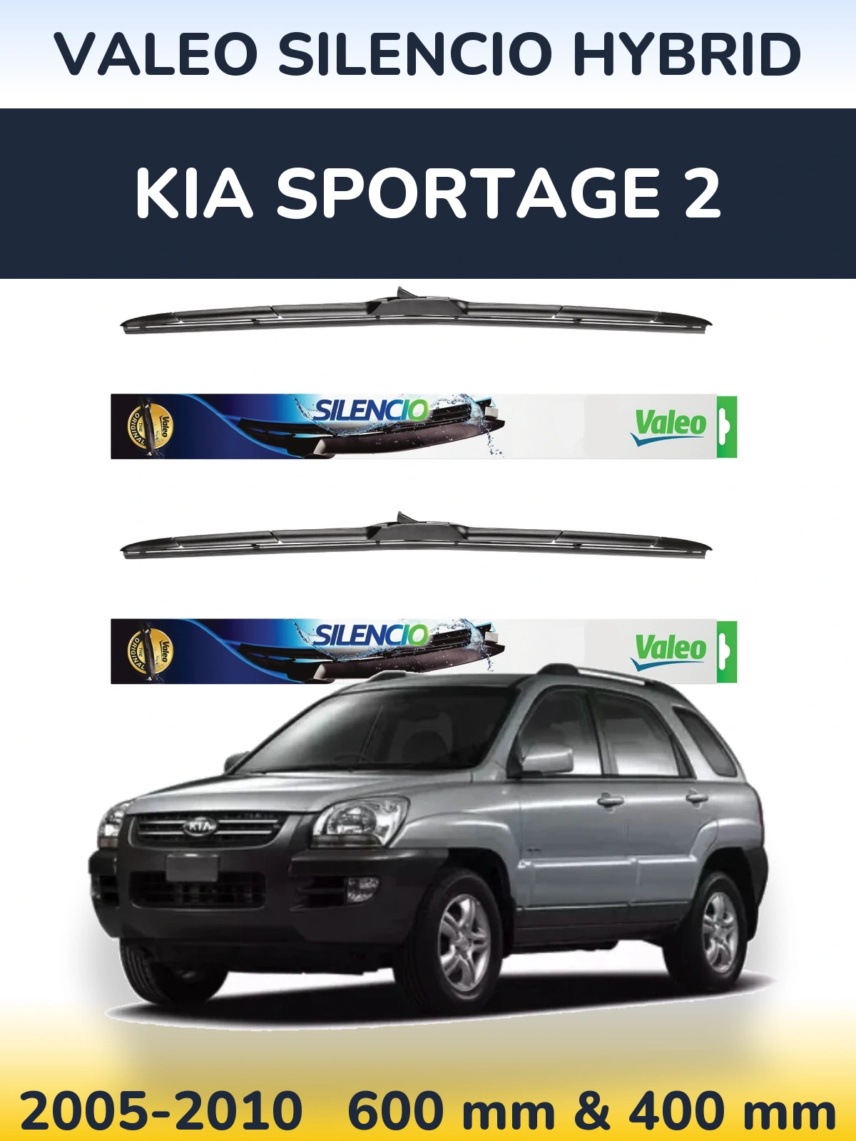 Front wiper blade set Valeo Silencio Hybrid 600 & 400 mm for KIA Sportage 2 2005-2010