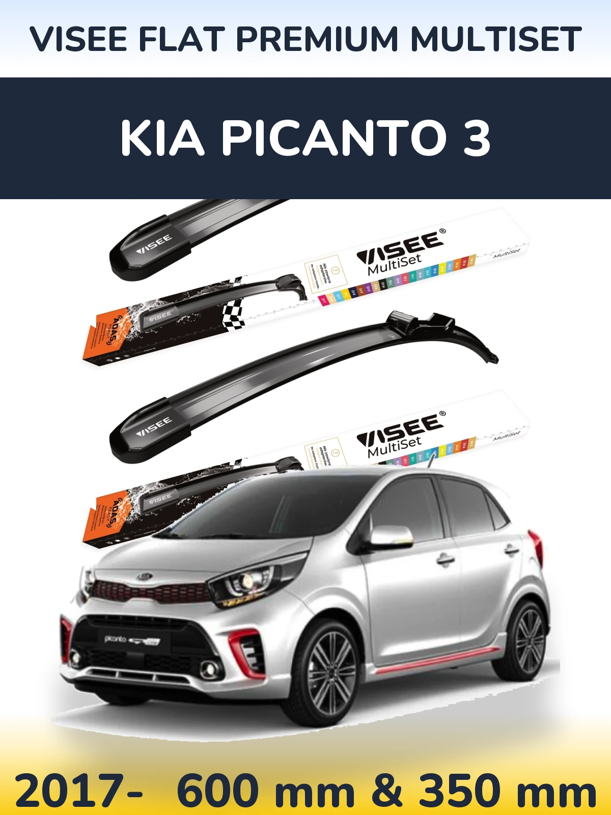 Komplet przednich wycieraczek VISEE FLAT PREMIUM MultiSet 600 & 350 mm do KIA Picanto 3 2017-2026