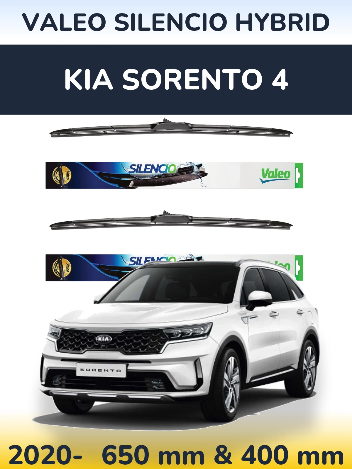 Front wiper blade set Valeo Silencio Hybrid 650 & 400 mm for KIA Sorento 4 2020-2026