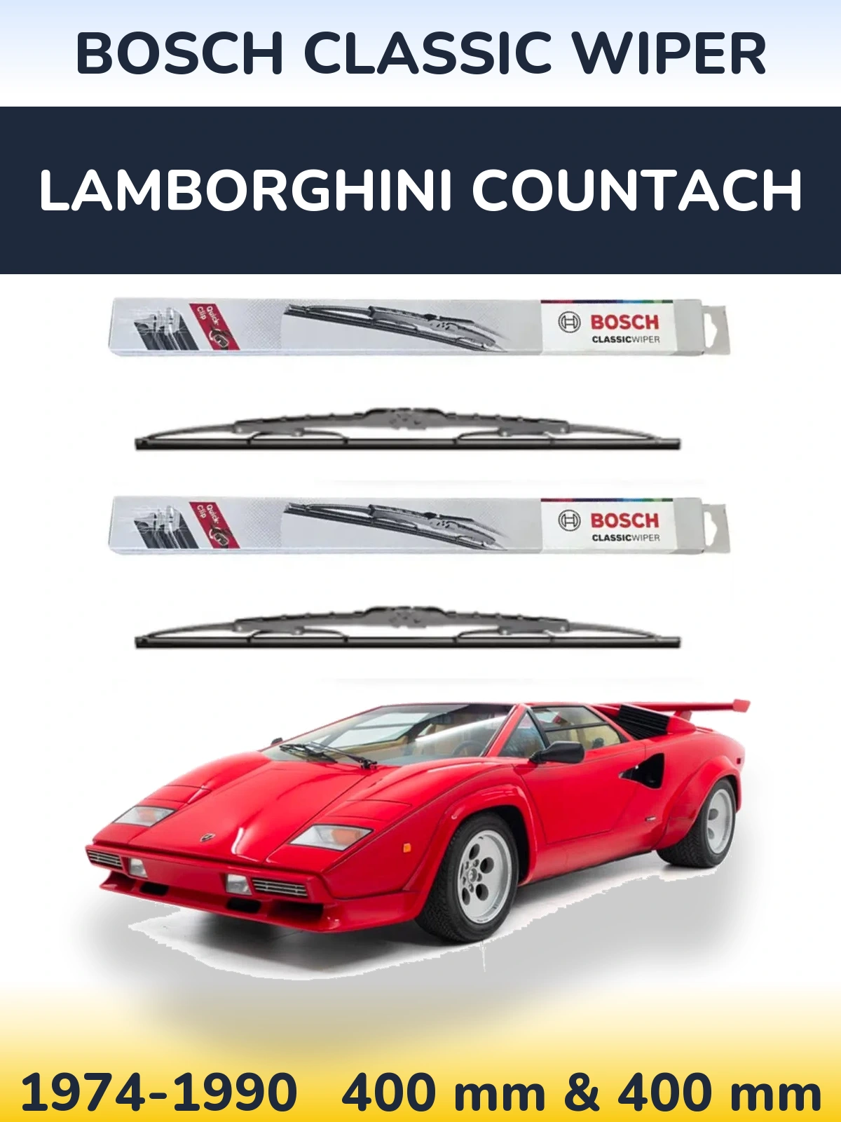 Front wiper blade set BOSCH Classic Wiper 400 & 400 mm for Lamborghini Countach 1974-1990