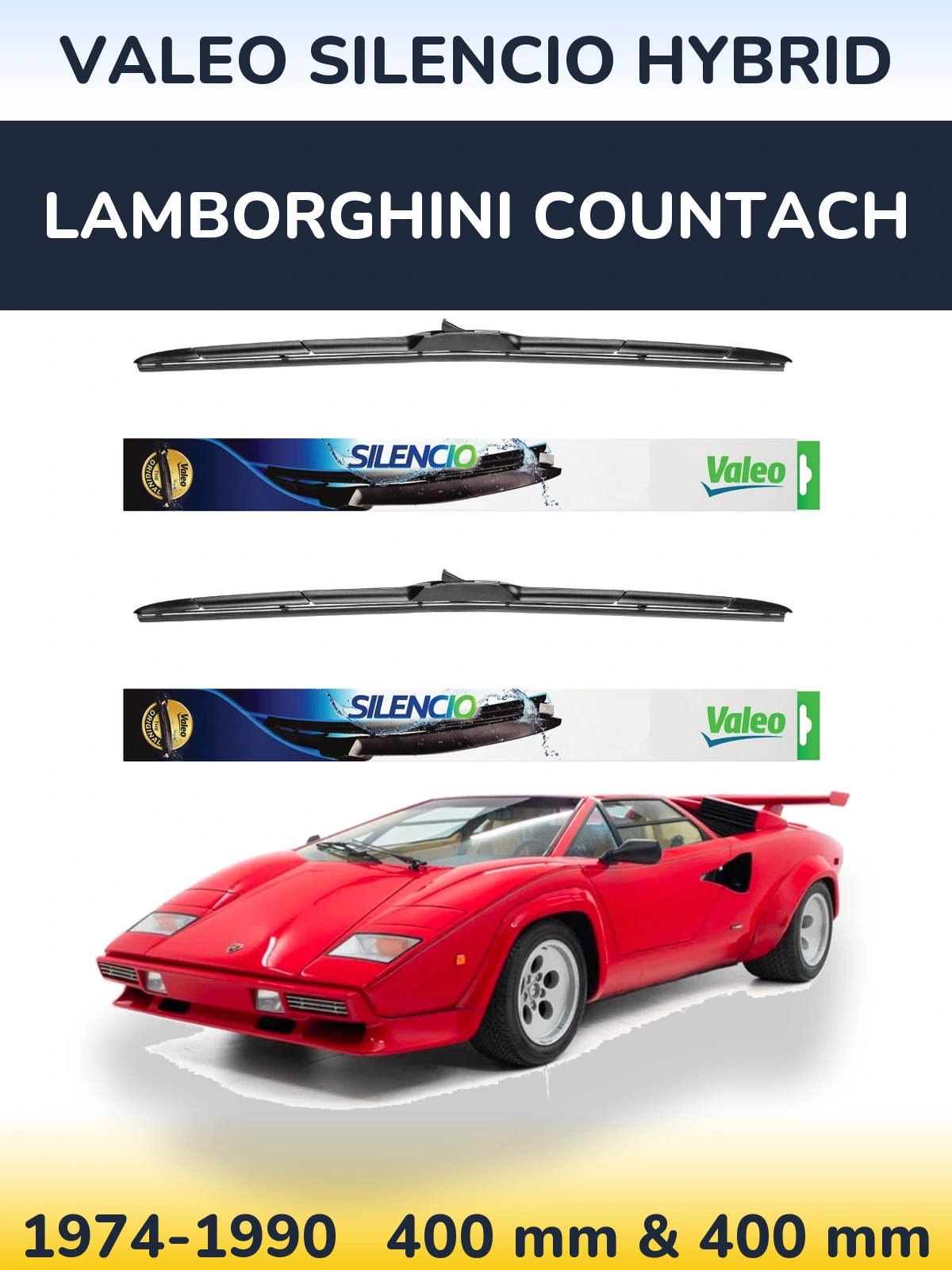 Komplet przednich wycieraczek Valeo Silencio Hybrid 400 & 400 mm do Lamborghini Countach 1974-1990