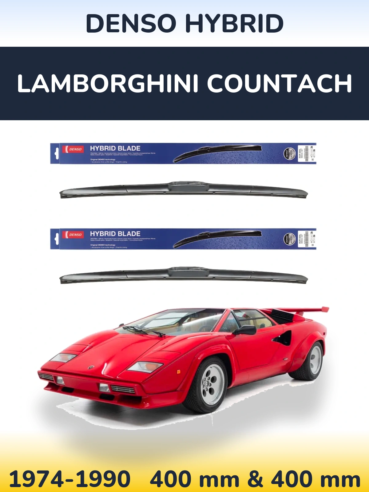 Front wiper blade set Denso Hybrid 400 & 400 mm for Lamborghini Countach 1974-1990