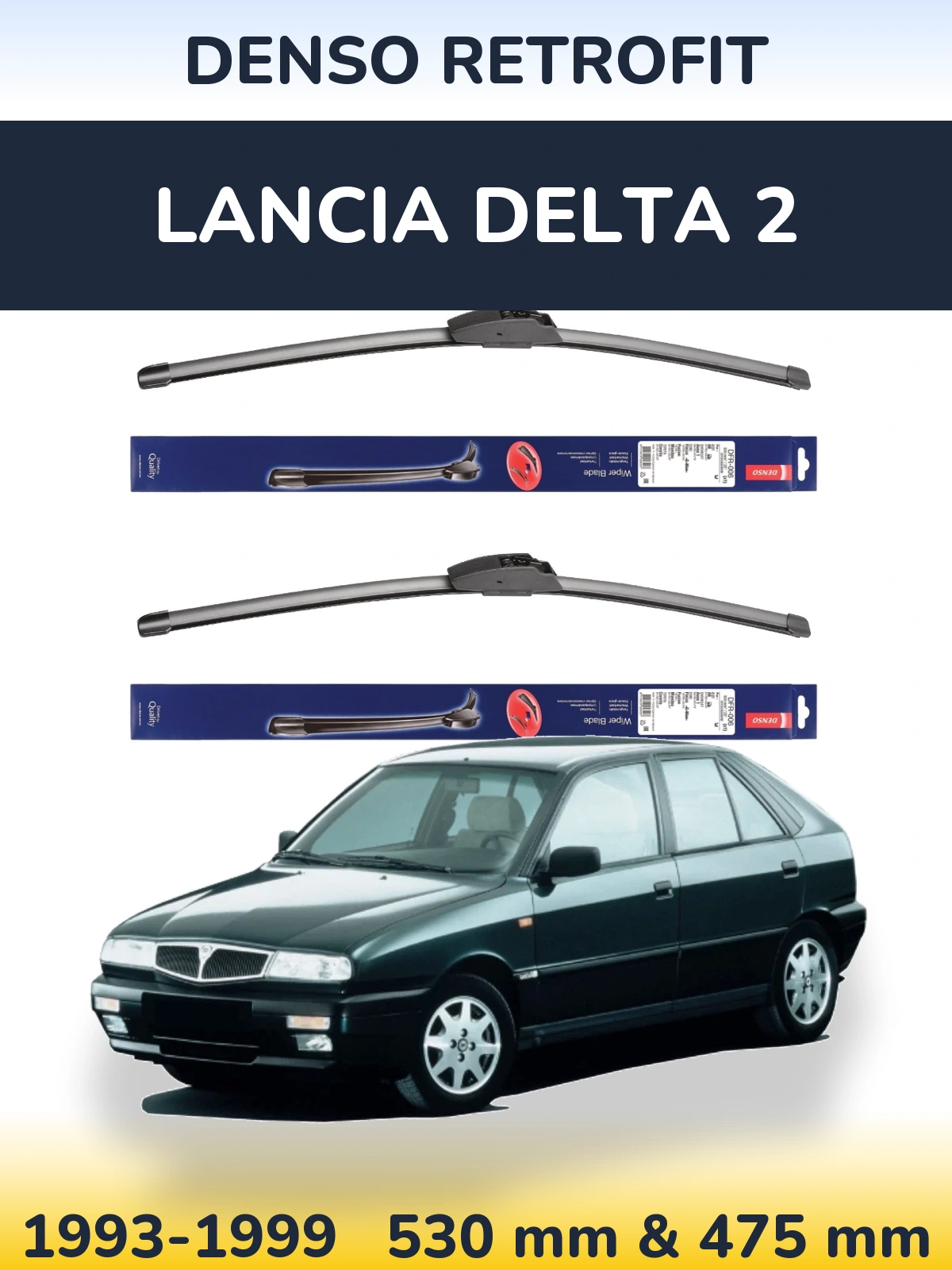 Front wiper blade set Denso Retrofit 530 & 475 mm for Lancia Delta 2 1993-1999