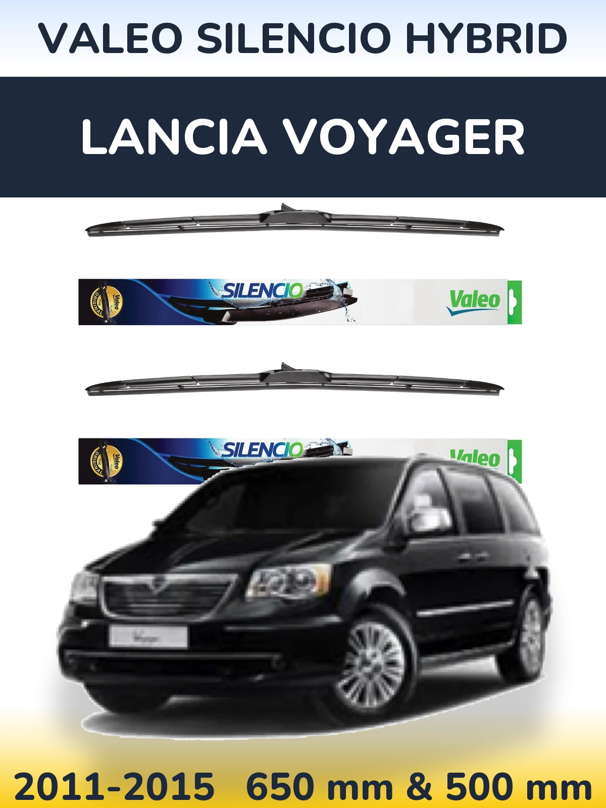 Front wiper blade set Valeo Silencio Hybrid 650 & 500 mm for Lancia Voyager 2011-2015