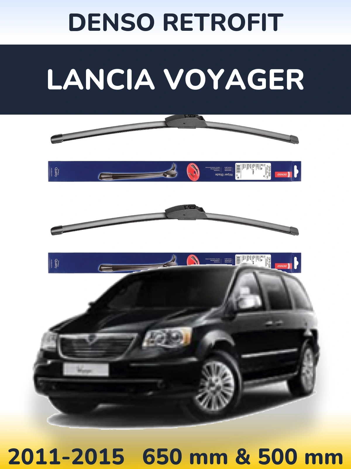 Front wiper blade set Denso Retrofit 650 & 500 mm for Lancia Voyager 2011-2015
