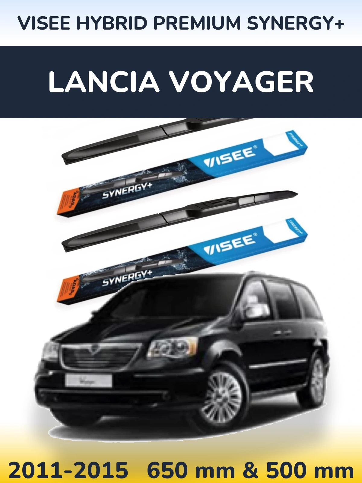Front wiper blade set VISEE HYBRID PREMIUM SYNERGY+ 650 & 500 mm for Lancia Voyager 2011-2015