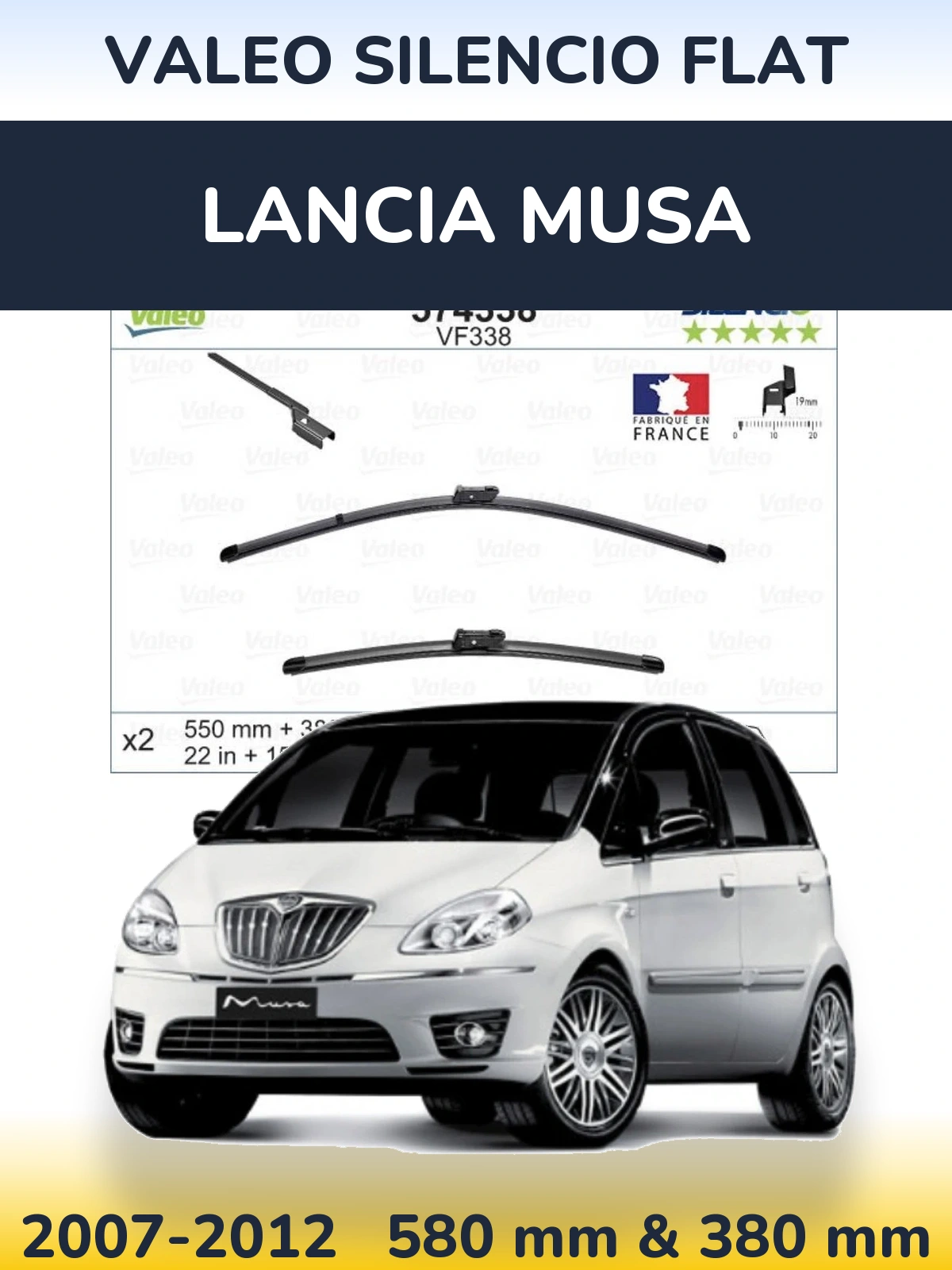 Komplet przednich wycieraczek Valeo Silencio Flat 550 & 380 mm do Lancia Musa 2007-2012