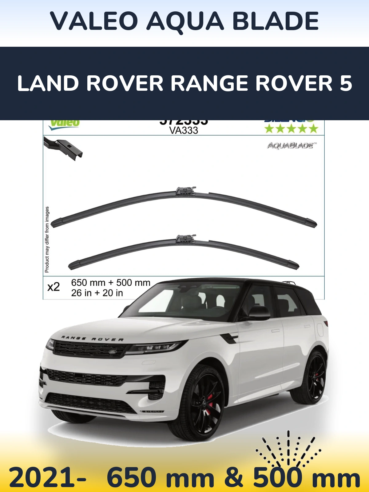 Front wiper blade set Valeo Aqua Blade 650 & 500 mm for Land Rover Range Rover 5 2021-2026