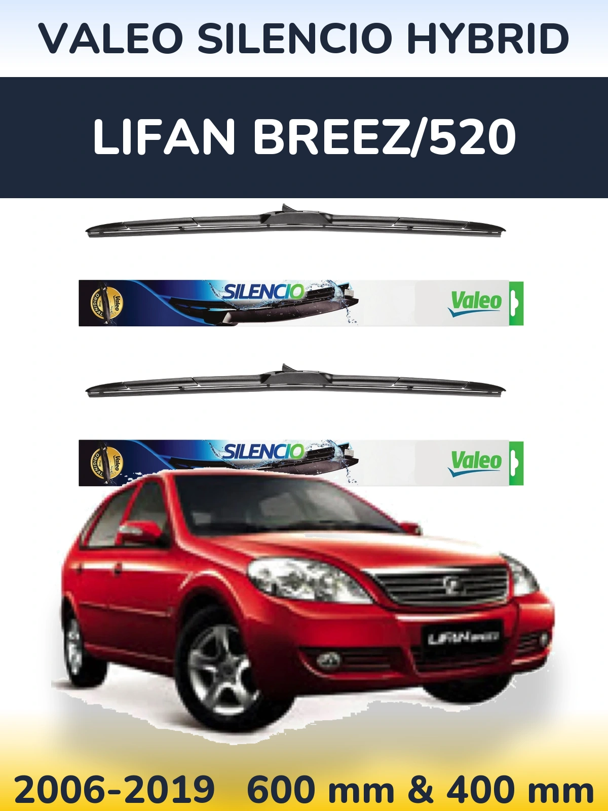 Front wiper blade set Valeo Silencio Hybrid 600 & 400 mm for Lifan Breez/520 2006-2019