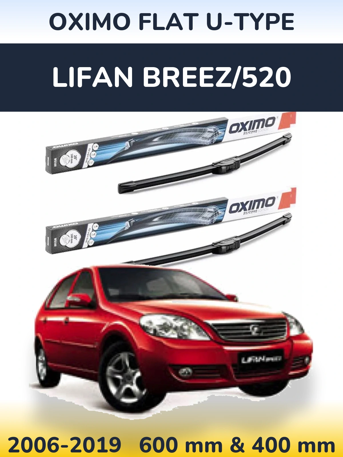 Front wiper blade set Oximo Flat U-type 600 & 400 mm for Lifan Breez/520 2006-2019