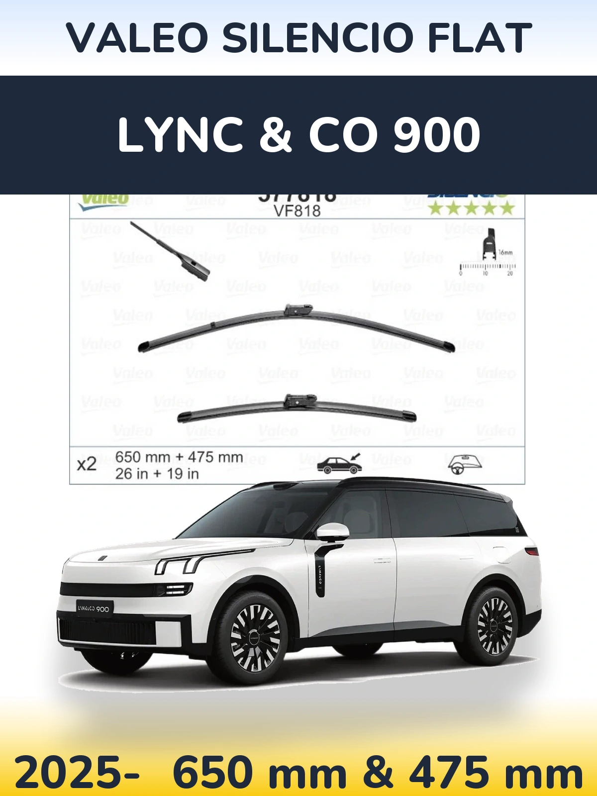 Комплект передних дворников Valeo Silencio Flat 650 & 475 мм для Lync & Co 900 2025-2026