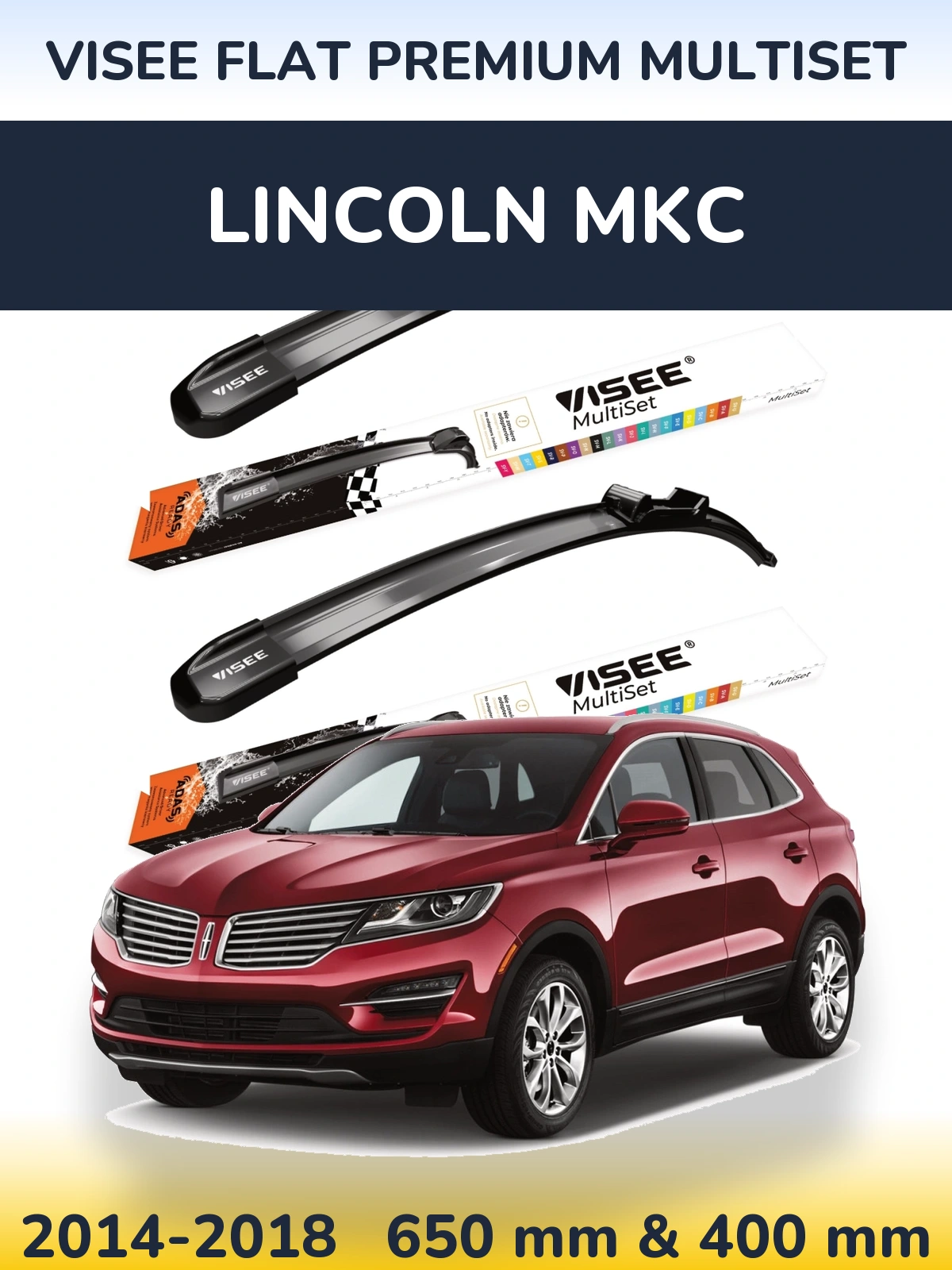 Комплект передних дворников VISEE FLAT PREMIUM MultiSet 650 & 400 мм для Lincoln MKC 2014-2018