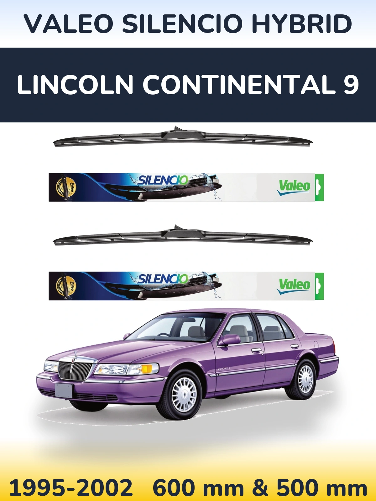 Front wiper blade set Valeo Silencio Hybrid 600 & 500 mm for Lincoln Continental 9 1995-2002