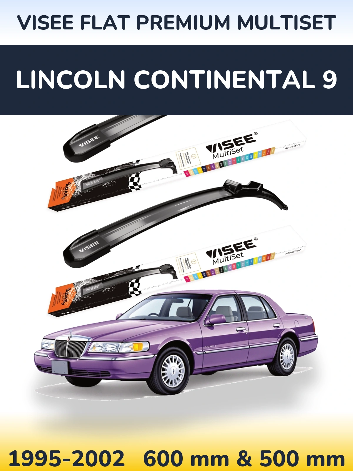 Front wiper blade set VISEE FLAT PREMIUM MultiSet 600 & 500 mm for Lincoln Continental 9 1995-2002