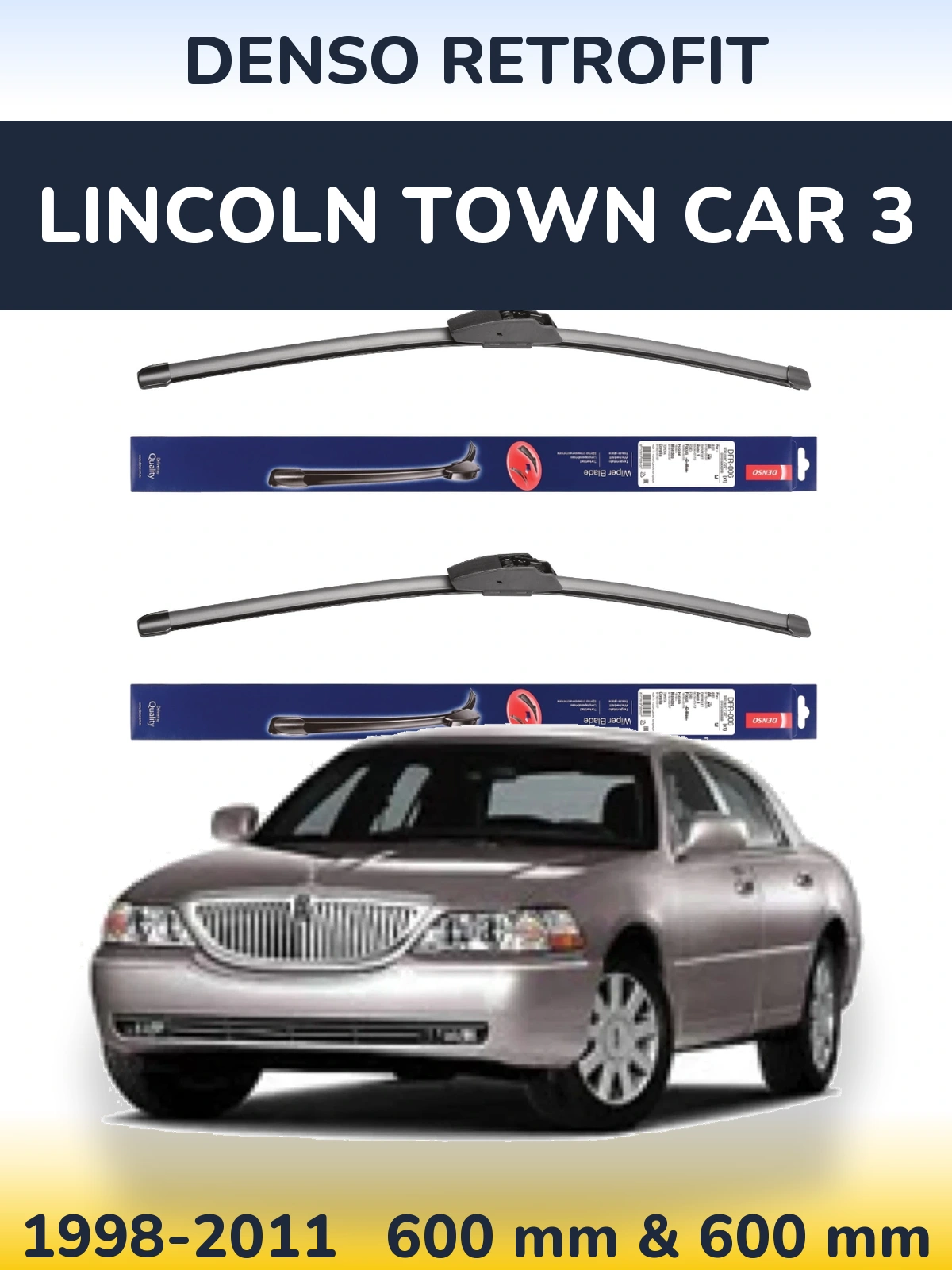 Komplet przednich wycieraczek Denso Retrofit 600 & 600 mm do Lincoln Town Car 3 1998-2011