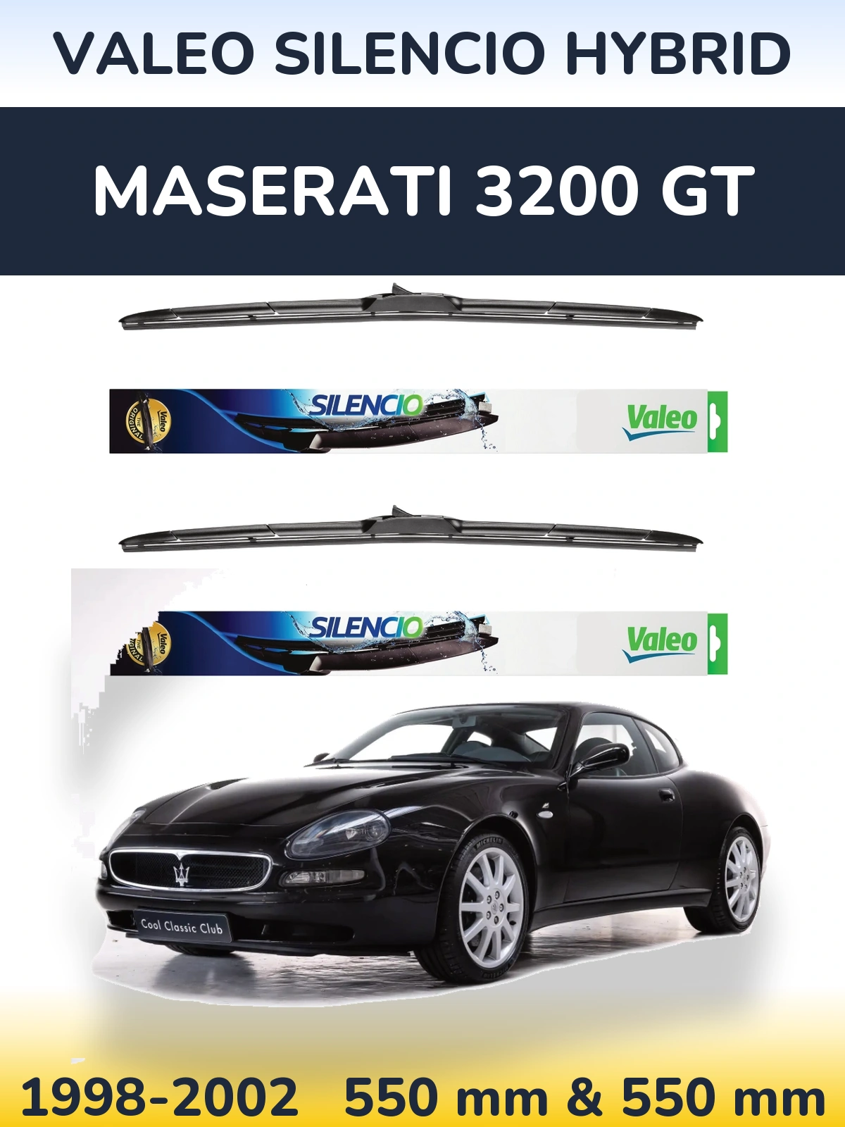 Komplet przednich wycieraczek Valeo Silencio Hybrid 550 & 550 mm do Maserati 3200 GT 1998-2002