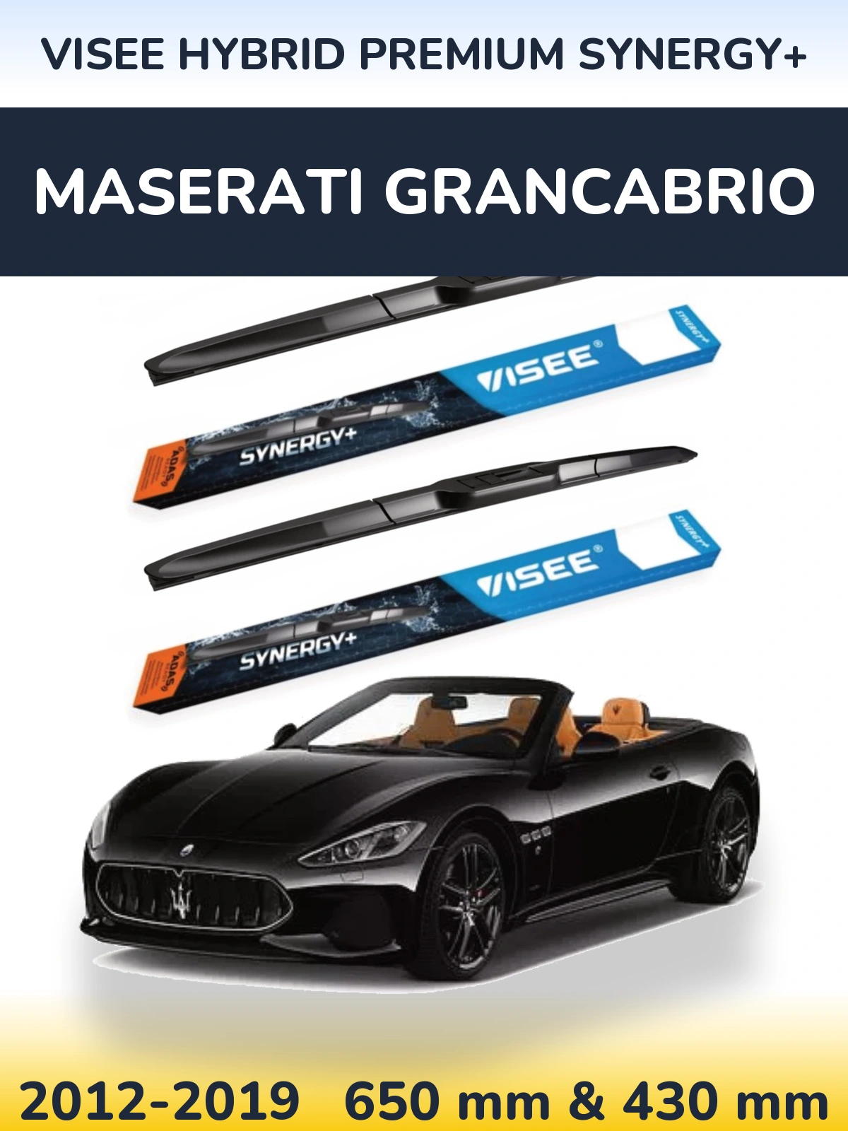Front wiper blade set VISEE HYBRID PREMIUM SYNERGY+ 650 & 430 mm for Maserati GranCabrio 2012-2019