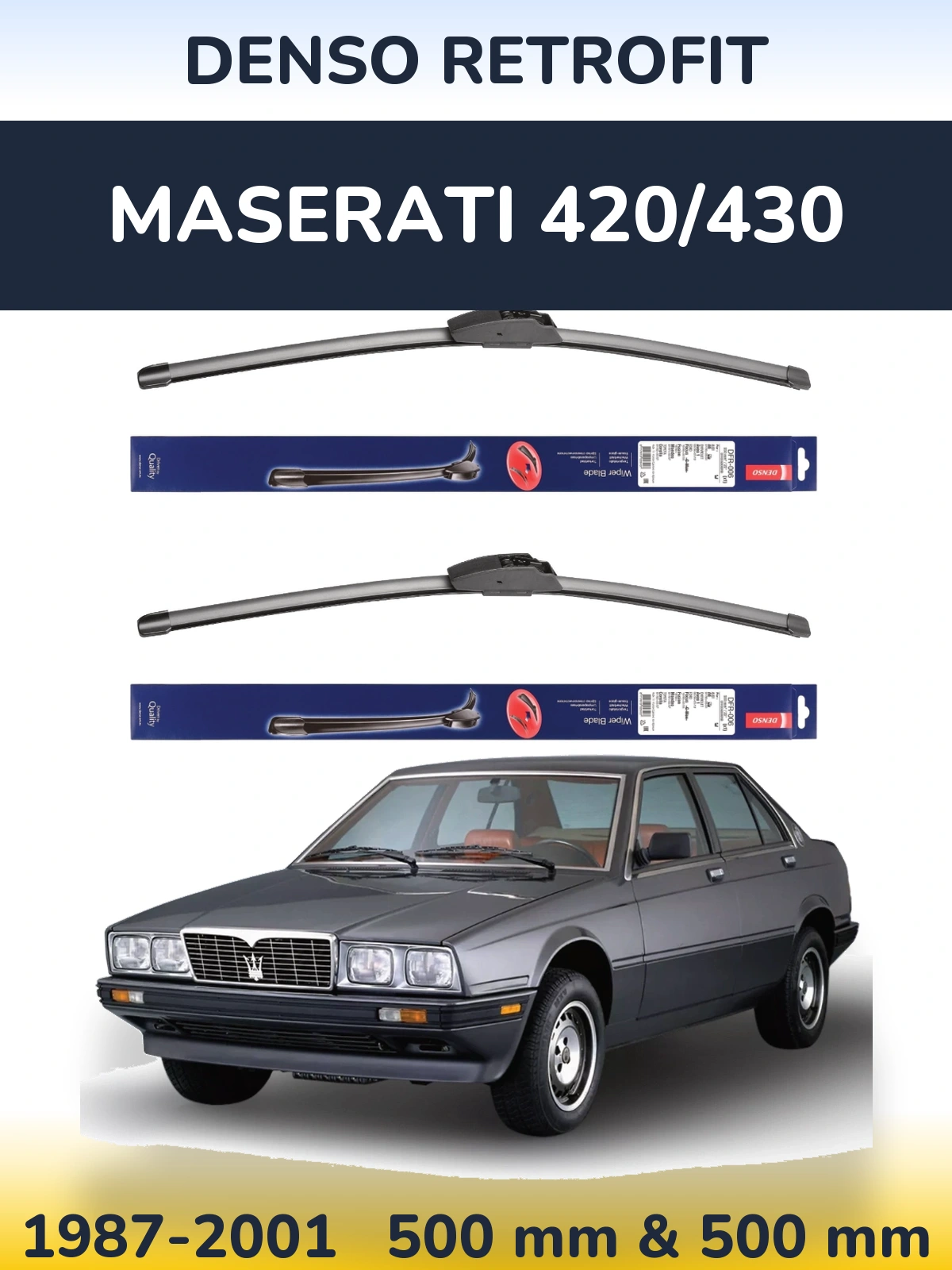 Front wiper blade set Denso Retrofit 500 & 500 mm for Maserati 420/430 1987-2001
