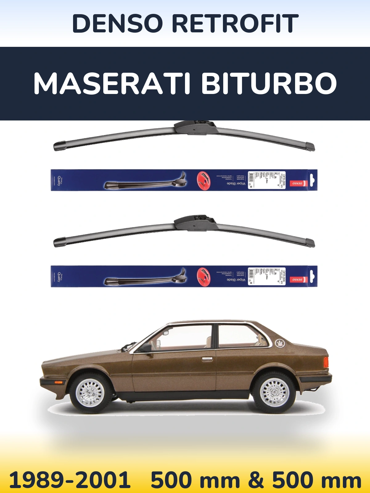 Front wiper blade set Denso Retrofit 500 & 500 mm for Maserati Biturbo 1989-2001