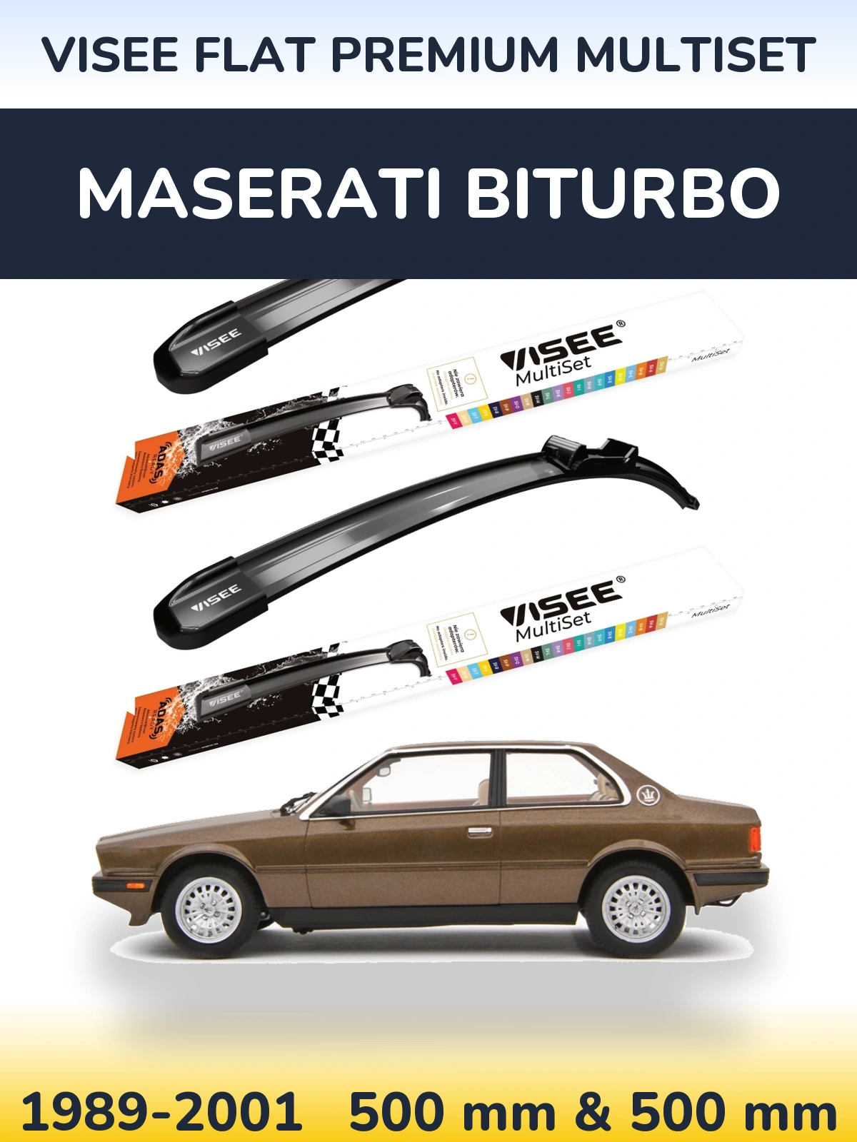 Komplet przednich wycieraczek VISEE FLAT PREMIUM MultiSet 500 & 500 mm do Maserati Biturbo 1989-2001