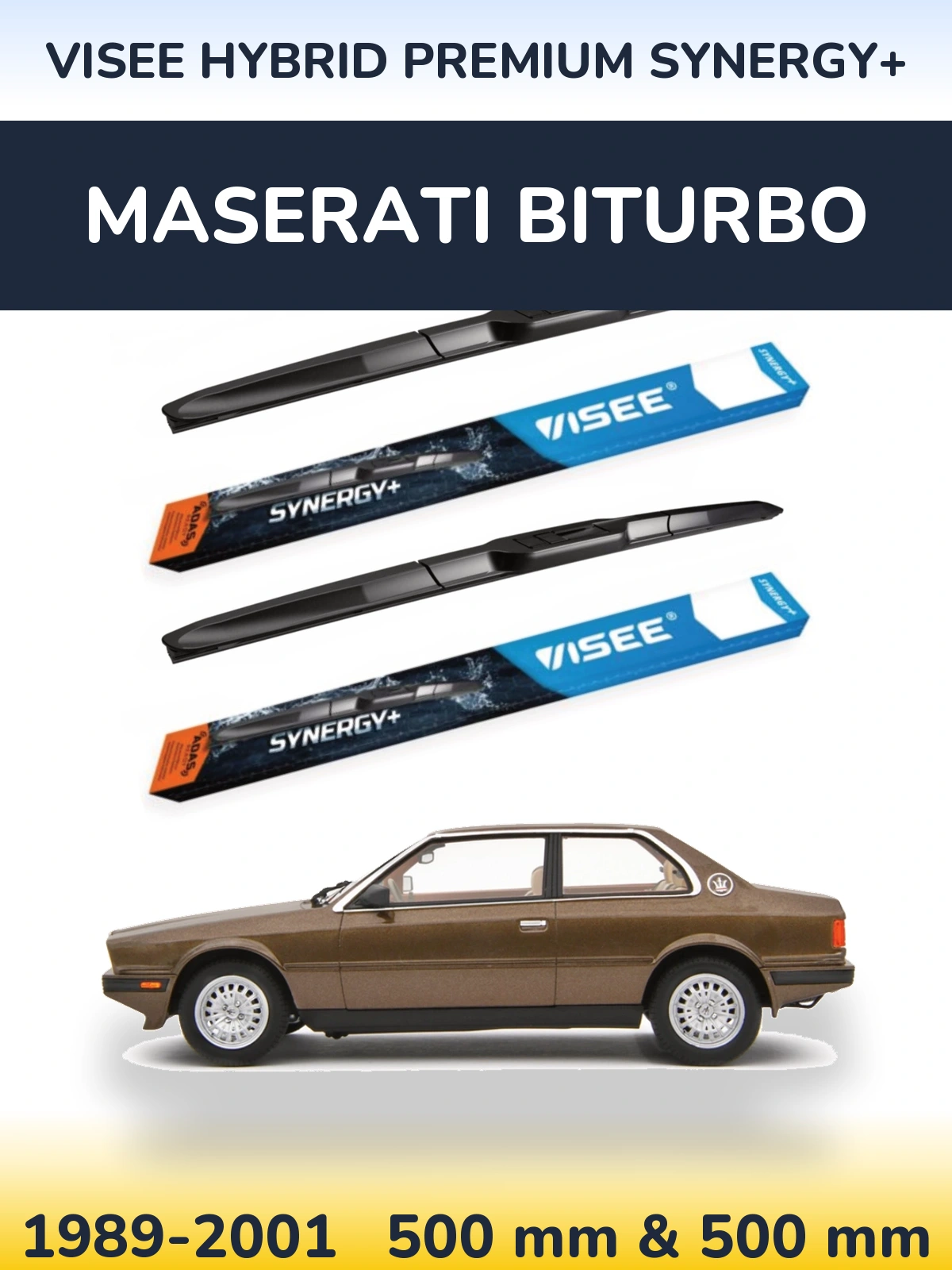 Front wiper blade set VISEE HYBRID PREMIUM SYNERGY+ 500 & 500 mm for Maserati Biturbo 1989-2001
