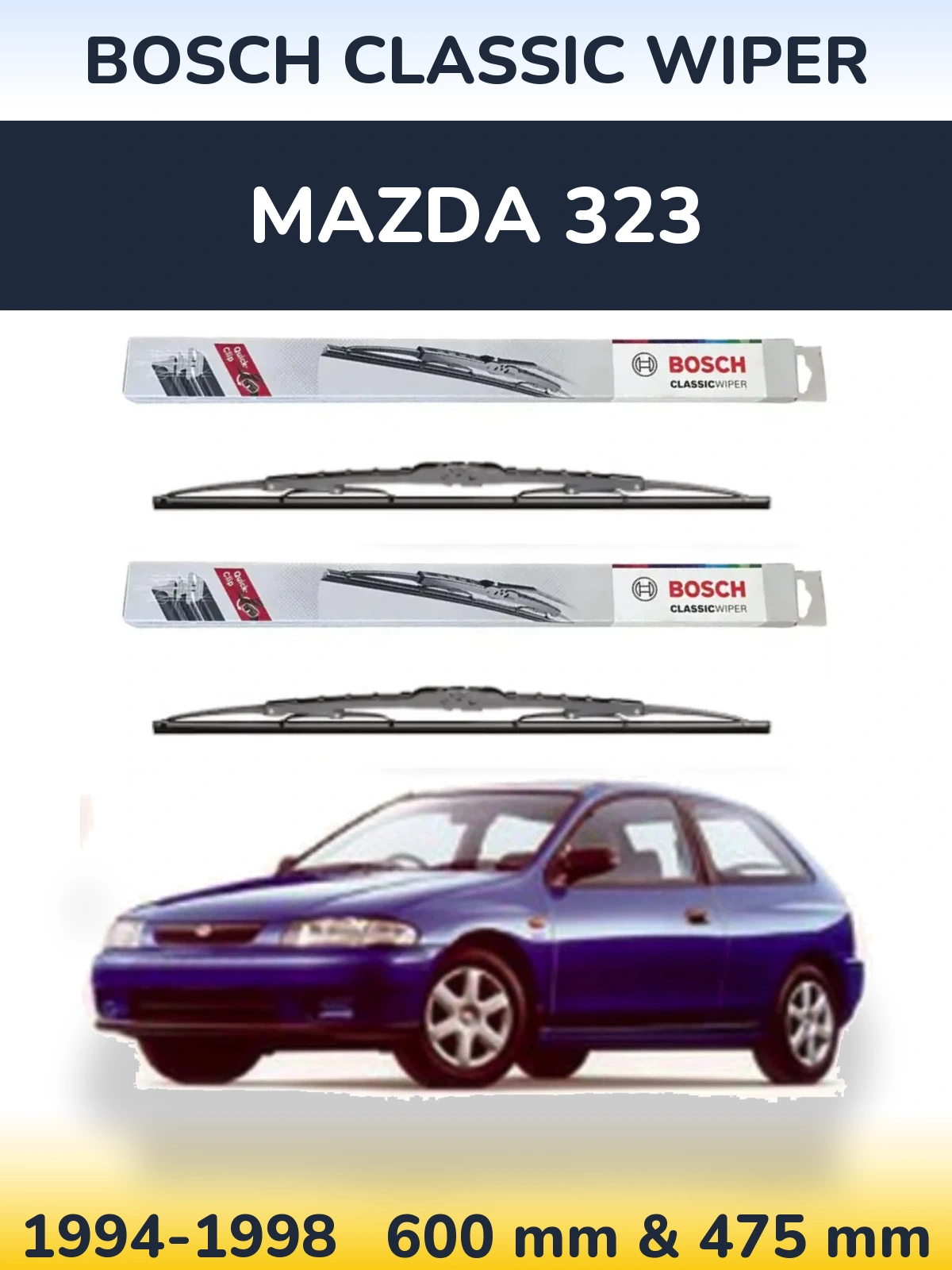 Front wiper blade set BOSCH Classic Wiper 600 & 475 mm for Mazda 323 1994-1998