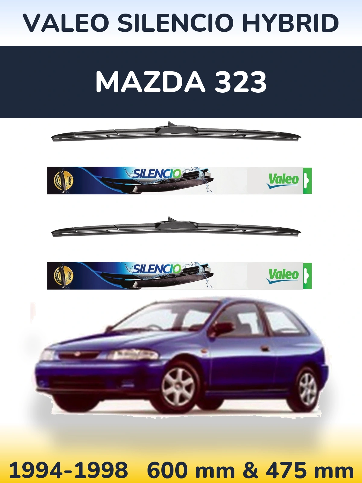 Komplet przednich wycieraczek Valeo Silencio Hybrid 600 & 475 mm do Mazda 323 1994-1998