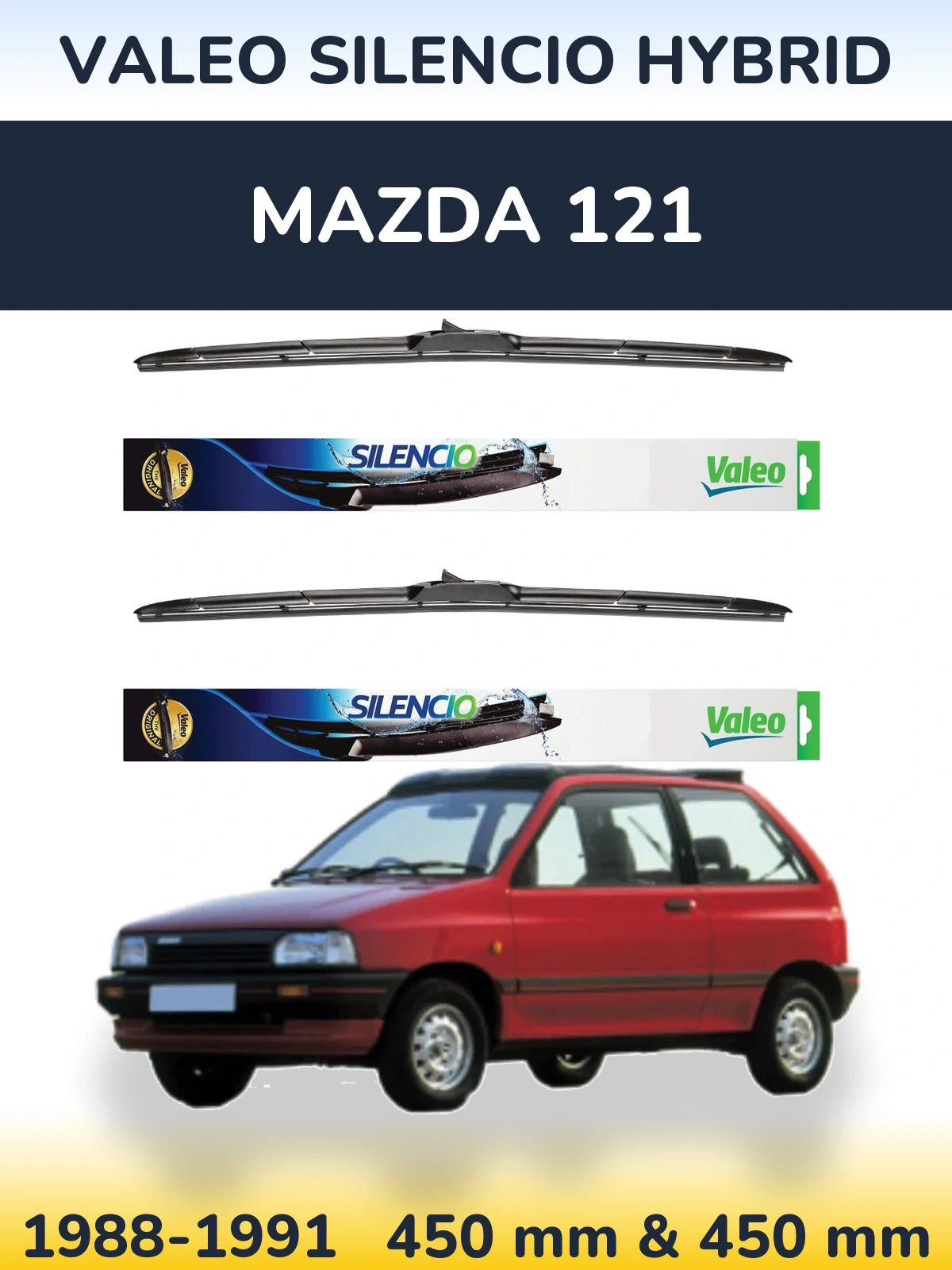Komplet przednich wycieraczek Valeo Silencio Hybrid 450 & 450 mm do Mazda 121 1988-1991