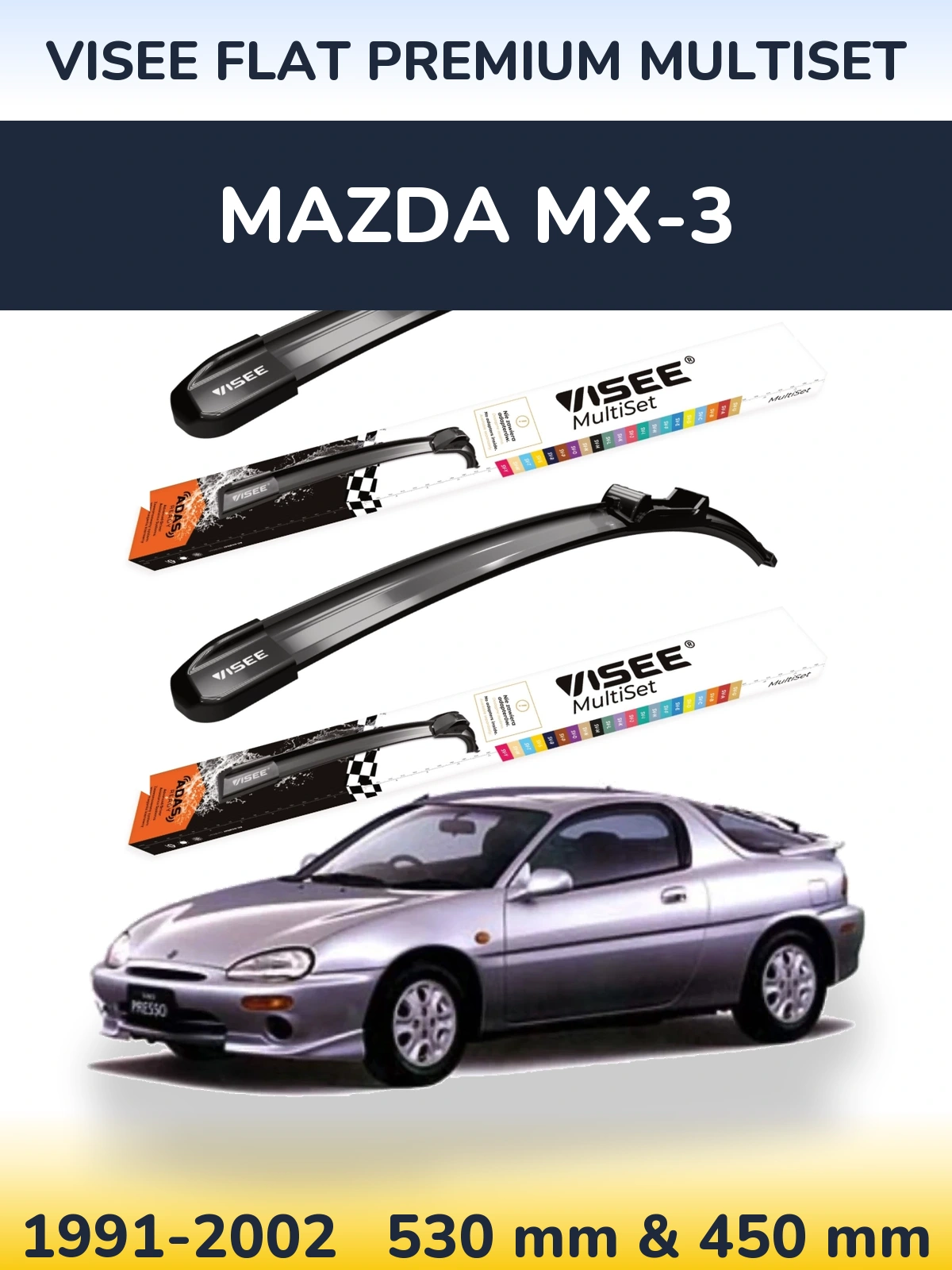 Komplet przednich wycieraczek VISEE FLAT PREMIUM MultiSet 530 & 450 mm do Mazda MX-3 1991-2002