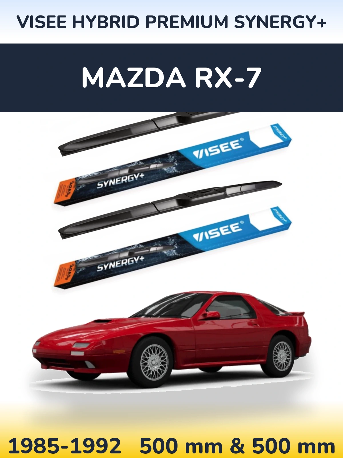Front wiper blade set VISEE HYBRID PREMIUM SYNERGY+ 500 & 500 mm for Mazda RX-7 1985-1992