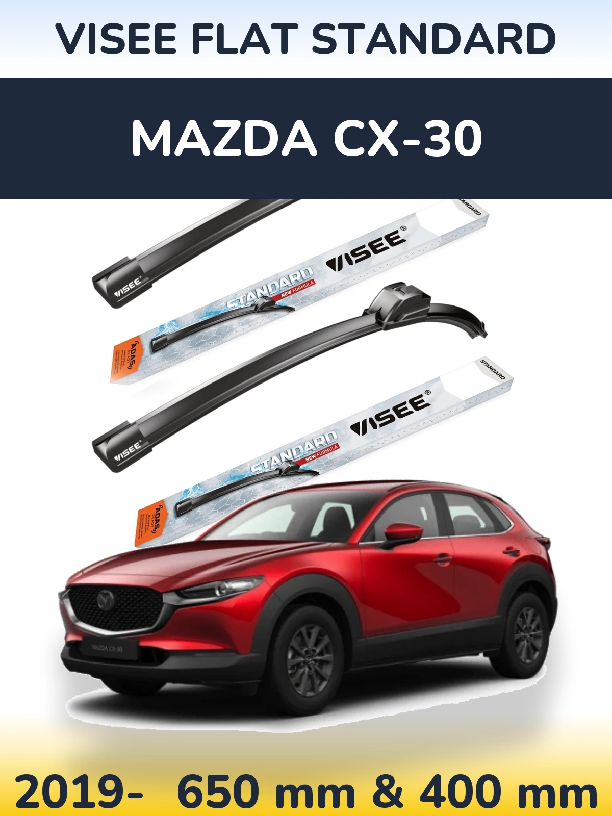 Комплект передних дворников VISEE FLAT STANDARD 650 & 400 мм для Mazda CX-30 2019-2026