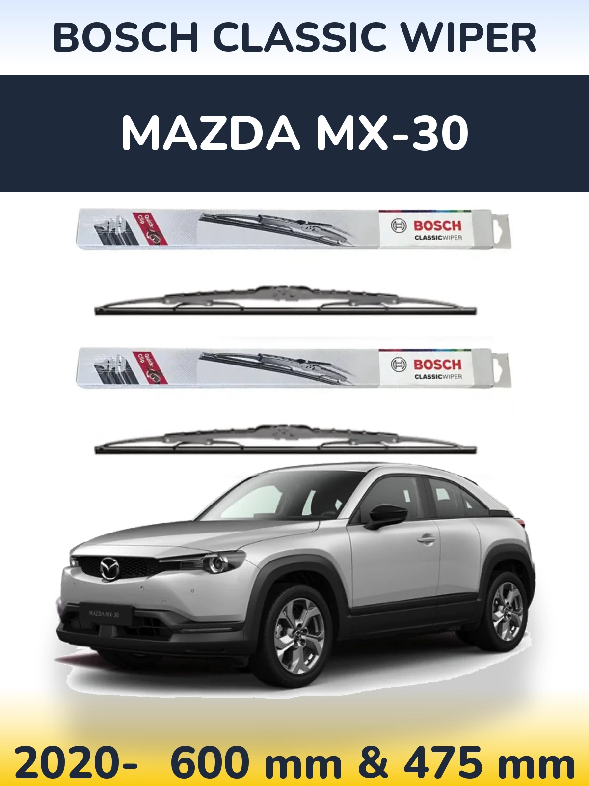 Front wiper blade set BOSCH Classic Wiper 600 & 475 mm for Mazda MX-30 2020-2026