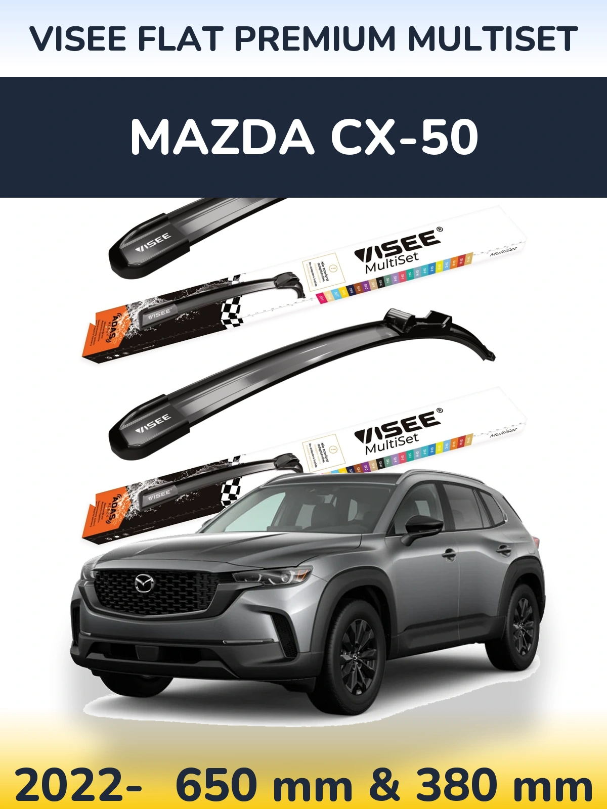 Front wiper blade set VISEE FLAT PREMIUM MultiSet 650 & 380 mm for Mazda CX-50 2022-2026