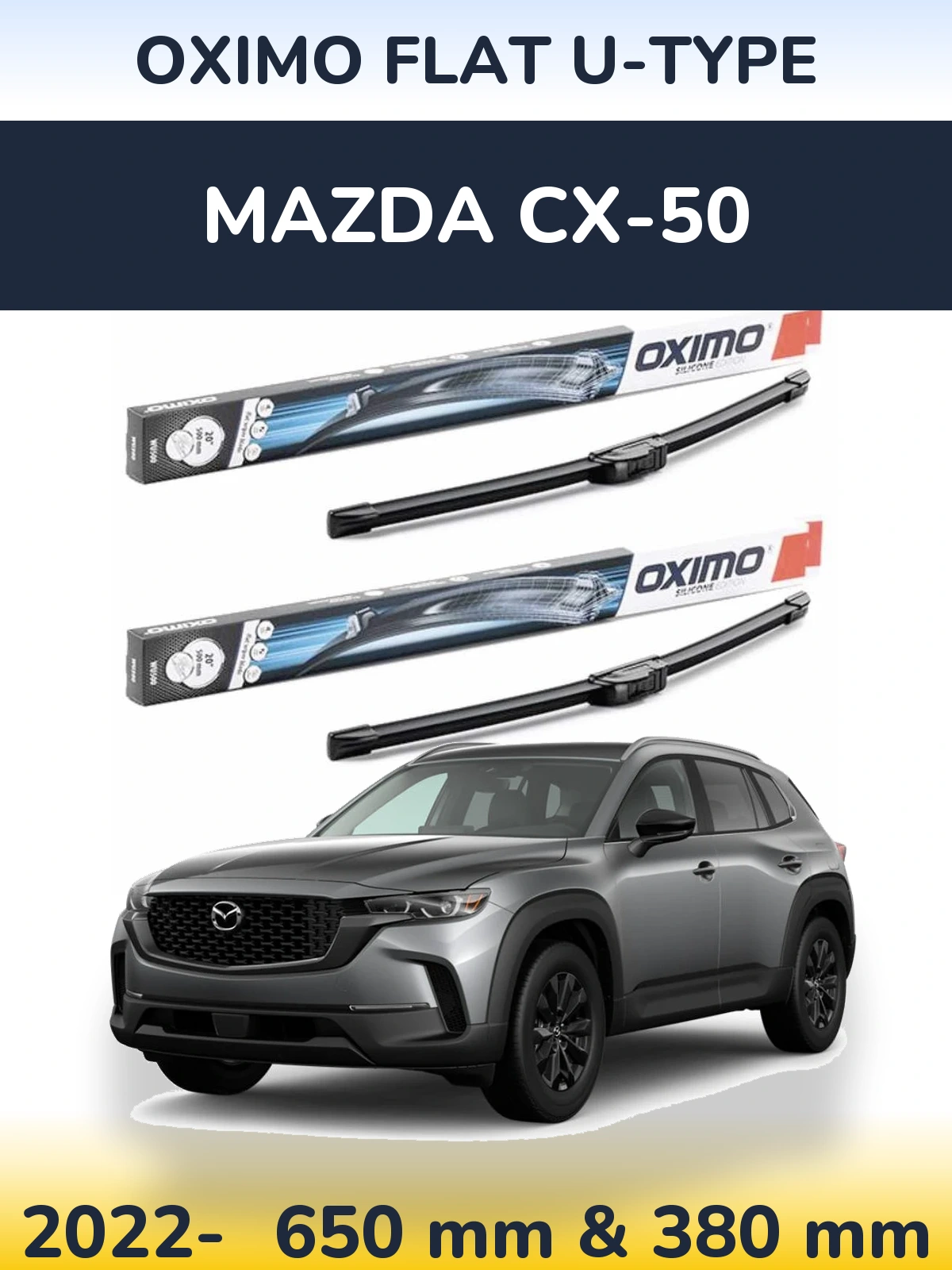 Komplet przednich wycieraczek Oximo Flat U-type 650 & 380 mm do Mazda CX-50 2022-2026