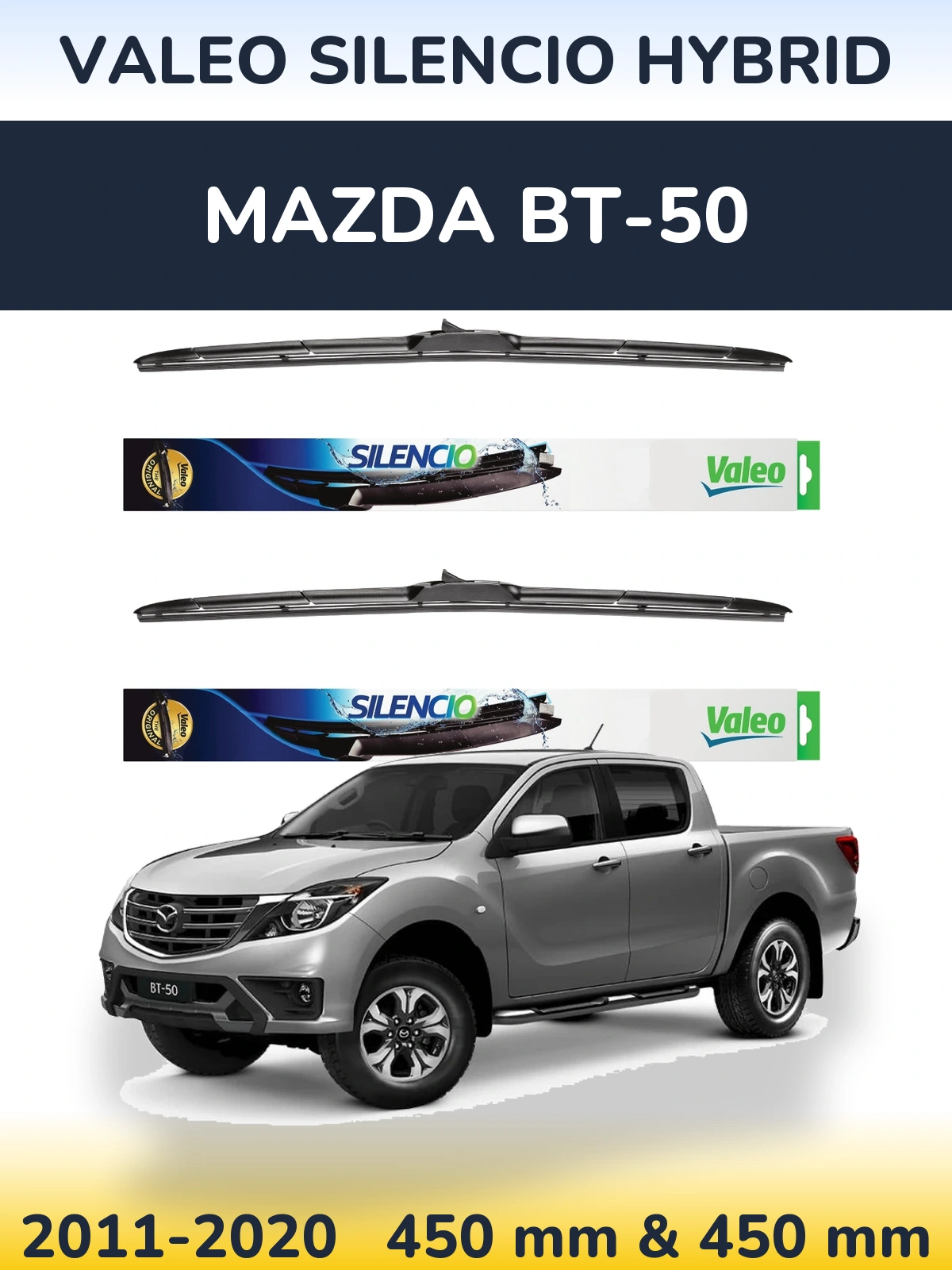 Front wiper blade set Valeo Silencio Hybrid 450 & 450 mm for Mazda BT-50 2011-2020
