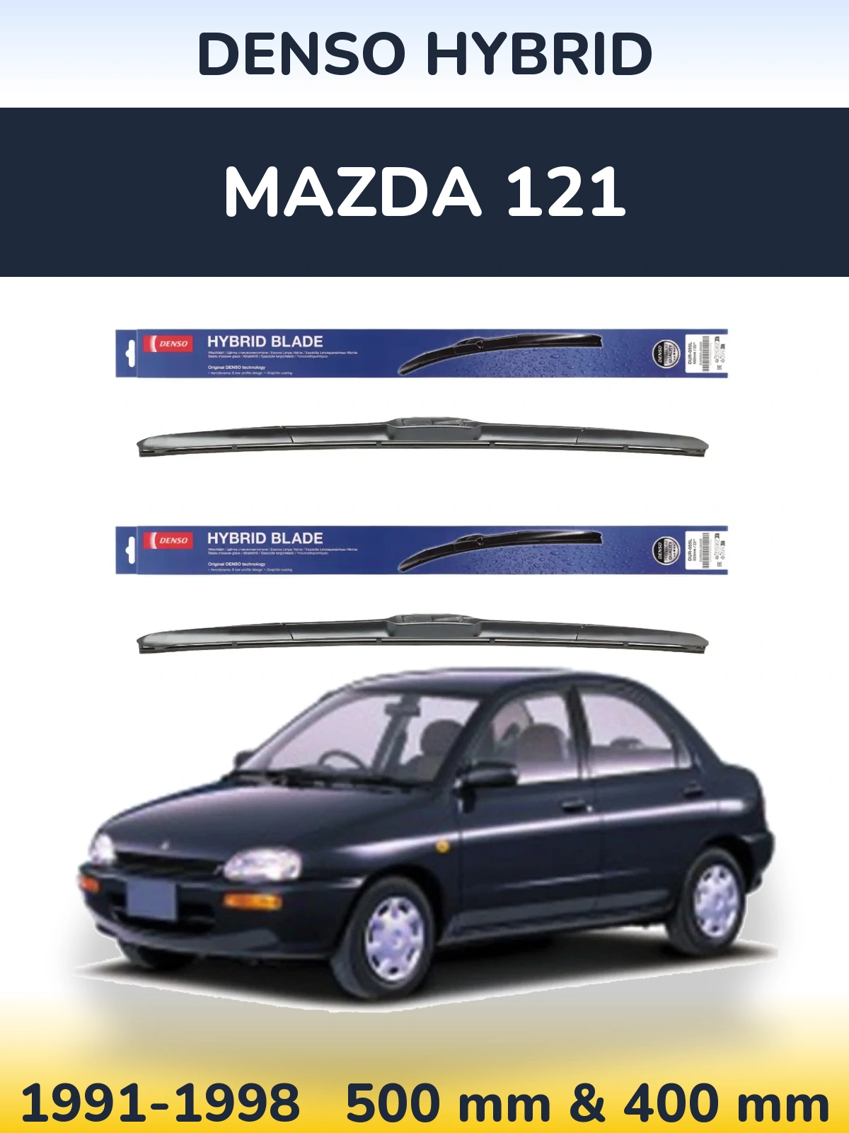 Komplet przednich wycieraczek Denso Hybrid 500 & 400 mm do Mazda 121 1991-1998