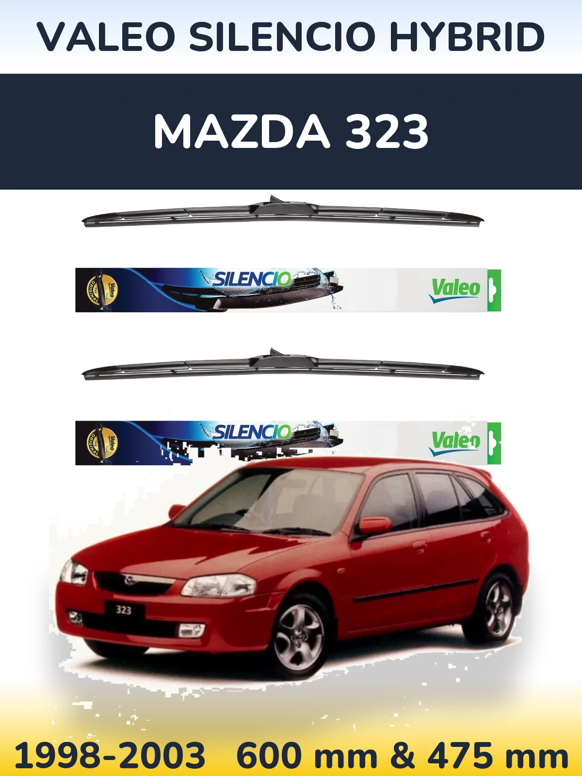 Komplet przednich wycieraczek Valeo Silencio Hybrid 600 & 475 mm do Mazda 323 1998-2003