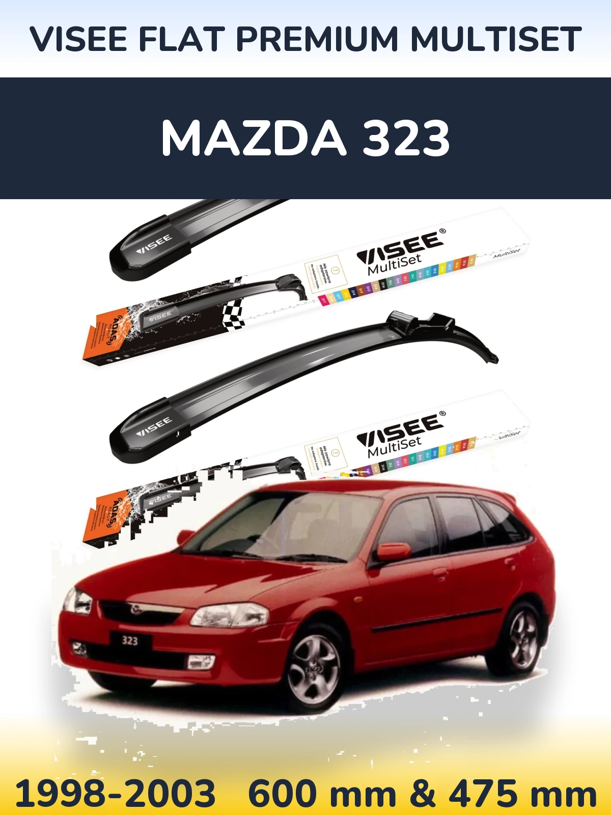 Komplet przednich wycieraczek VISEE FLAT PREMIUM MultiSet 600 & 475 mm do Mazda 323 1998-2003