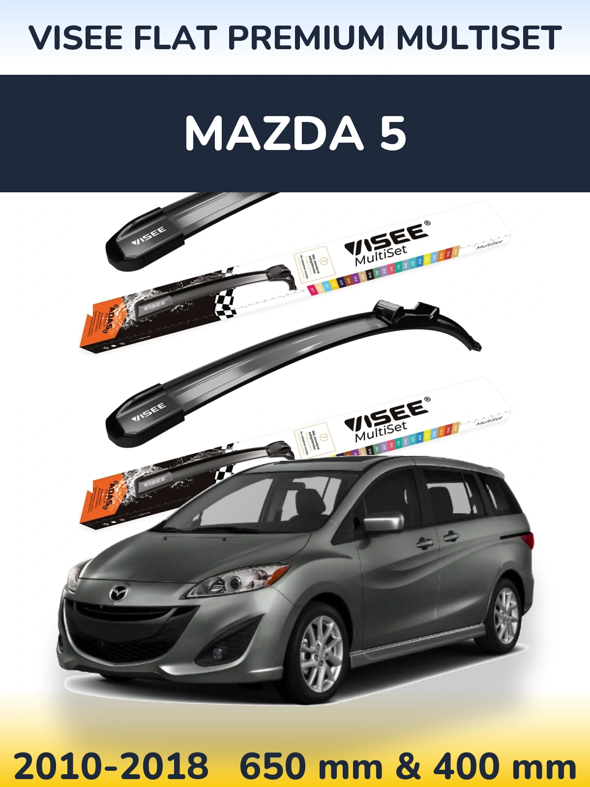 Komplet przednich wycieraczek VISEE FLAT PREMIUM MultiSet 650 & 400 mm do Mazda 5 2010-2018
