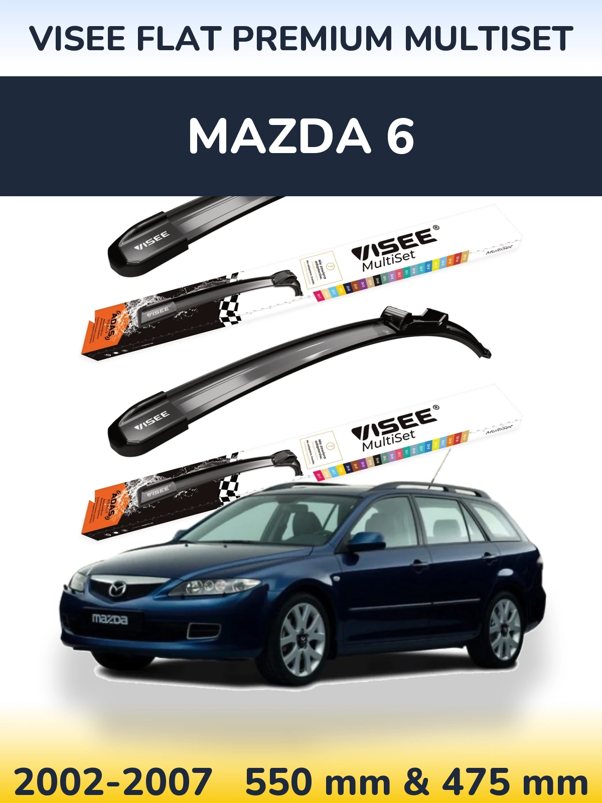 Комплект передніх щіток VISEE FLAT PREMIUM MultiSet 550 & 475 мм для Mazda 6 2002-2007