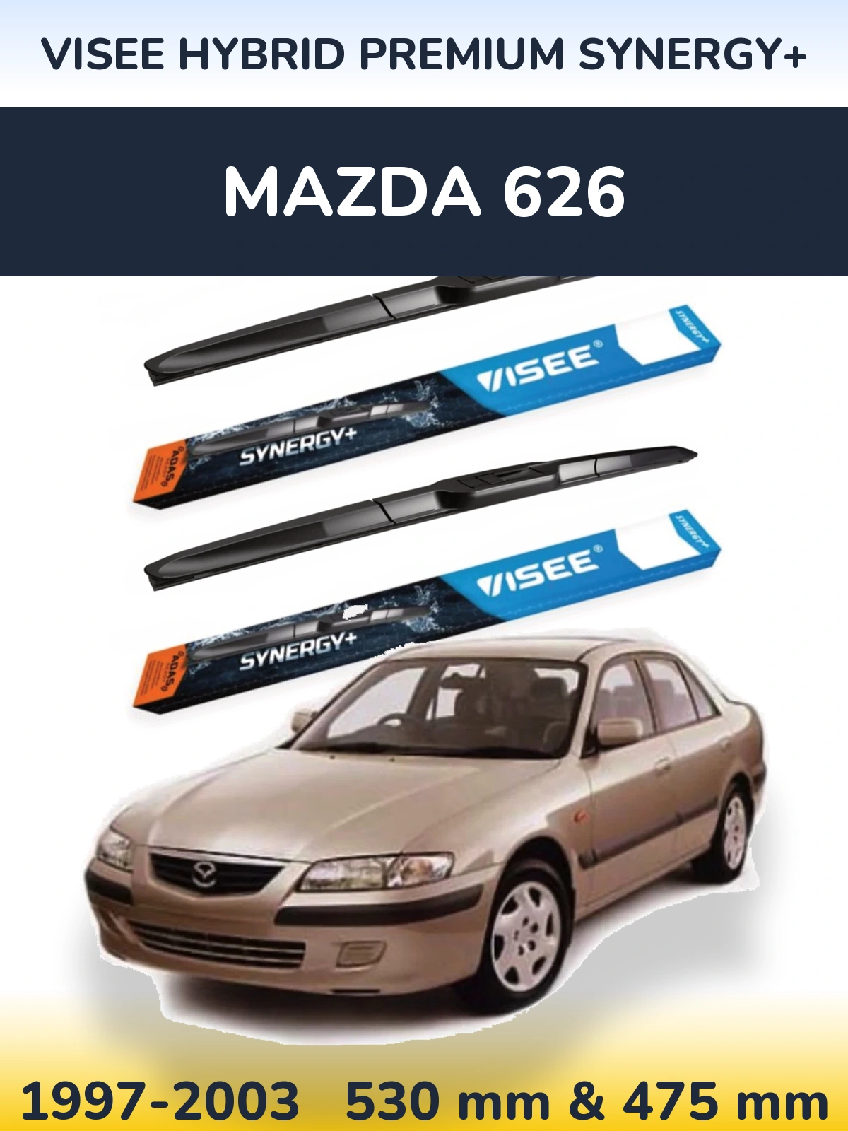Front wiper blade set VISEE HYBRID PREMIUM SYNERGY+ 530 & 475 mm for Mazda 626 1997-2003