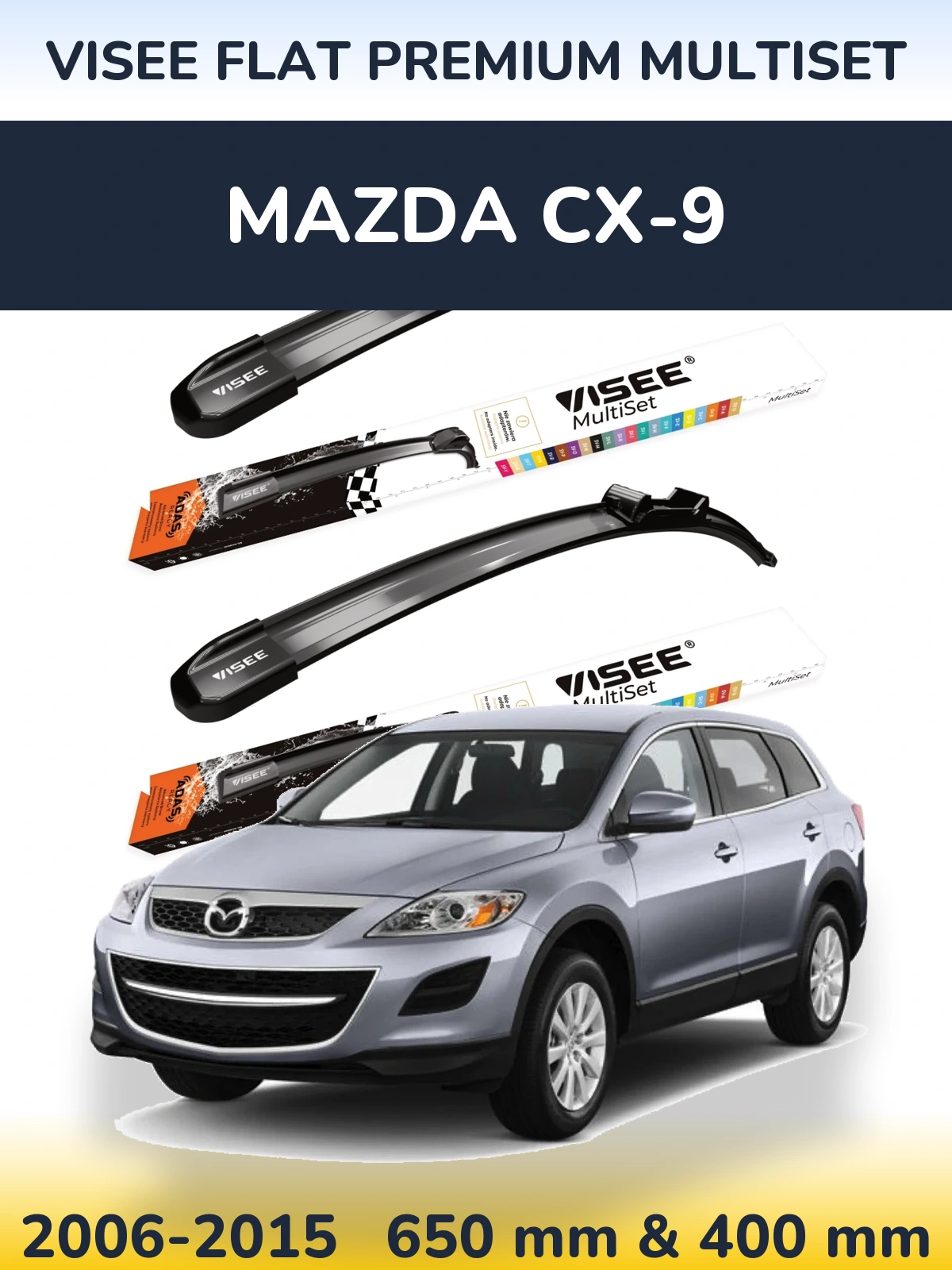 Комплект передних дворников VISEE FLAT PREMIUM MultiSet 650 & 400 мм для Mazda CX-9 2006-2015