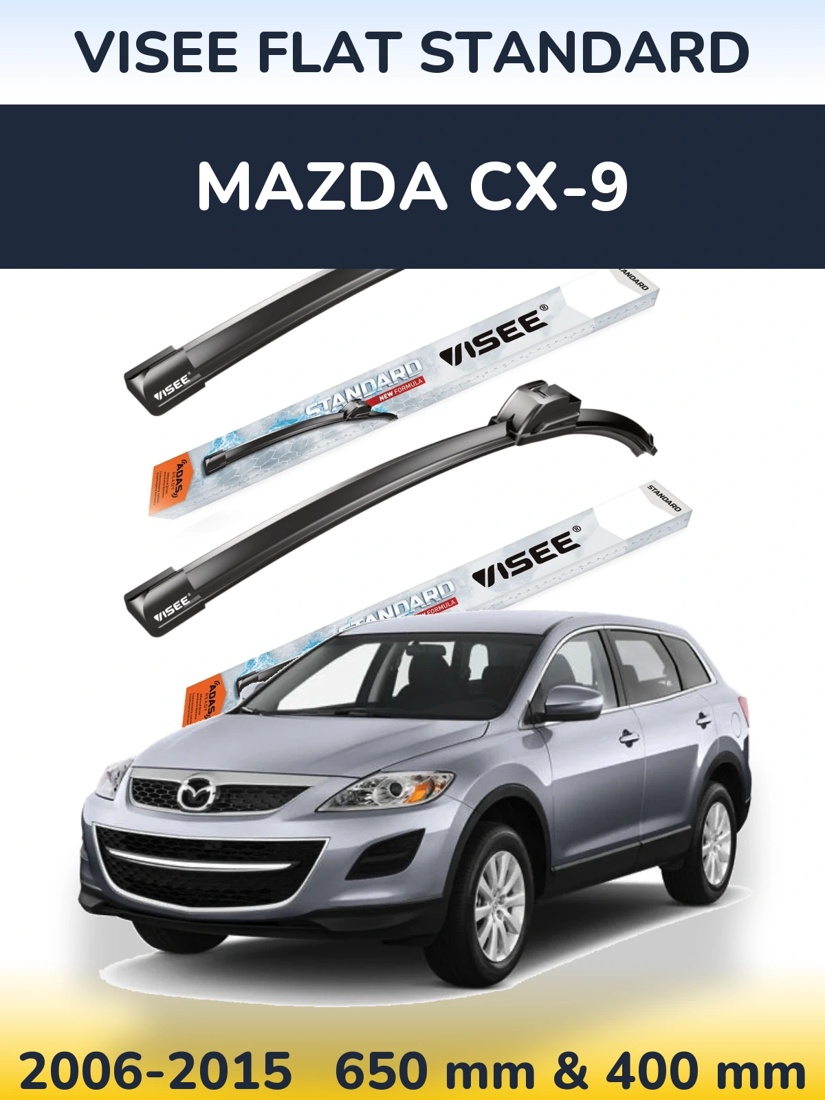 Komplet przednich wycieraczek VISEE FLAT STANDARD 650 & 400 mm do Mazda CX-9 2006-2015