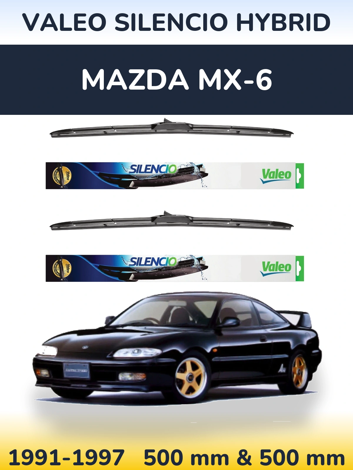 Front wiper blade set Valeo Silencio Hybrid 500 & 500 mm for Mazda MX-6 1991-1997