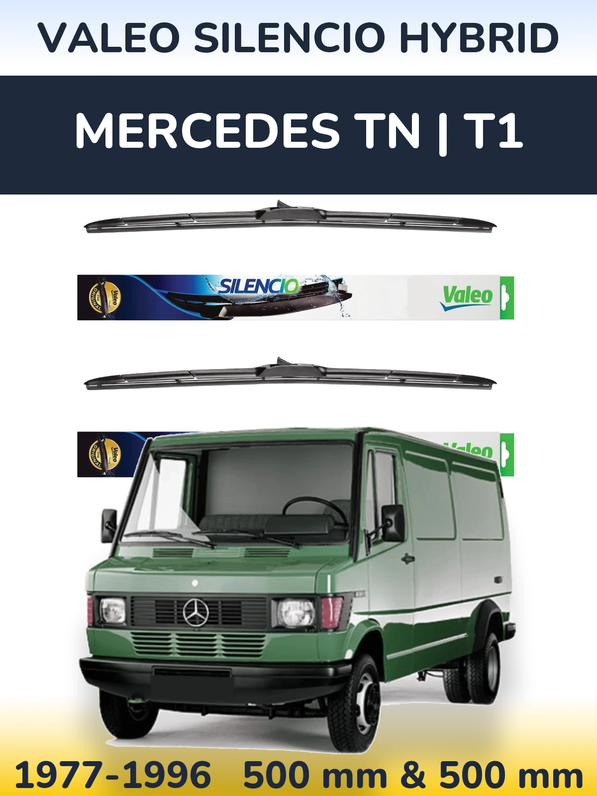 Front wiper blade set Valeo Silencio Hybrid 500 & 500 mm for Mercedes TN | T1 1977-1996