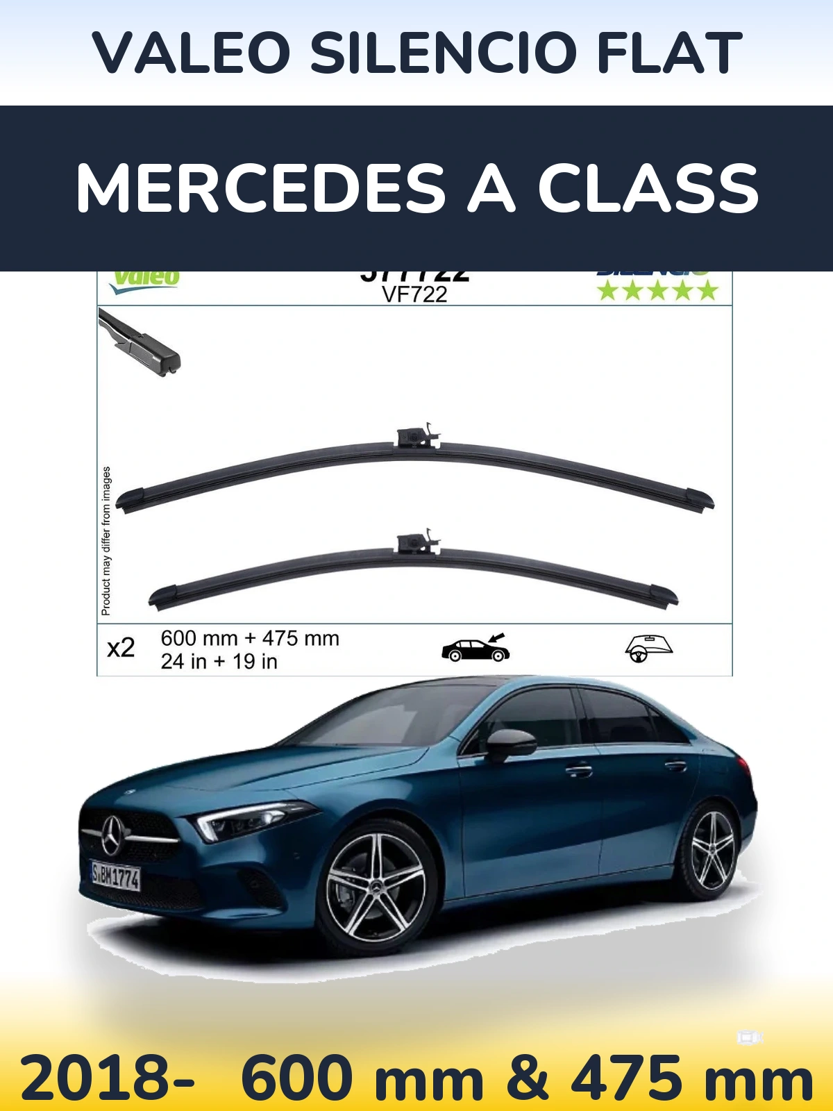 Комплект передних дворников Valeo Silencio Flat 600 & 475 мм для Mercedes A Class 2018-2026