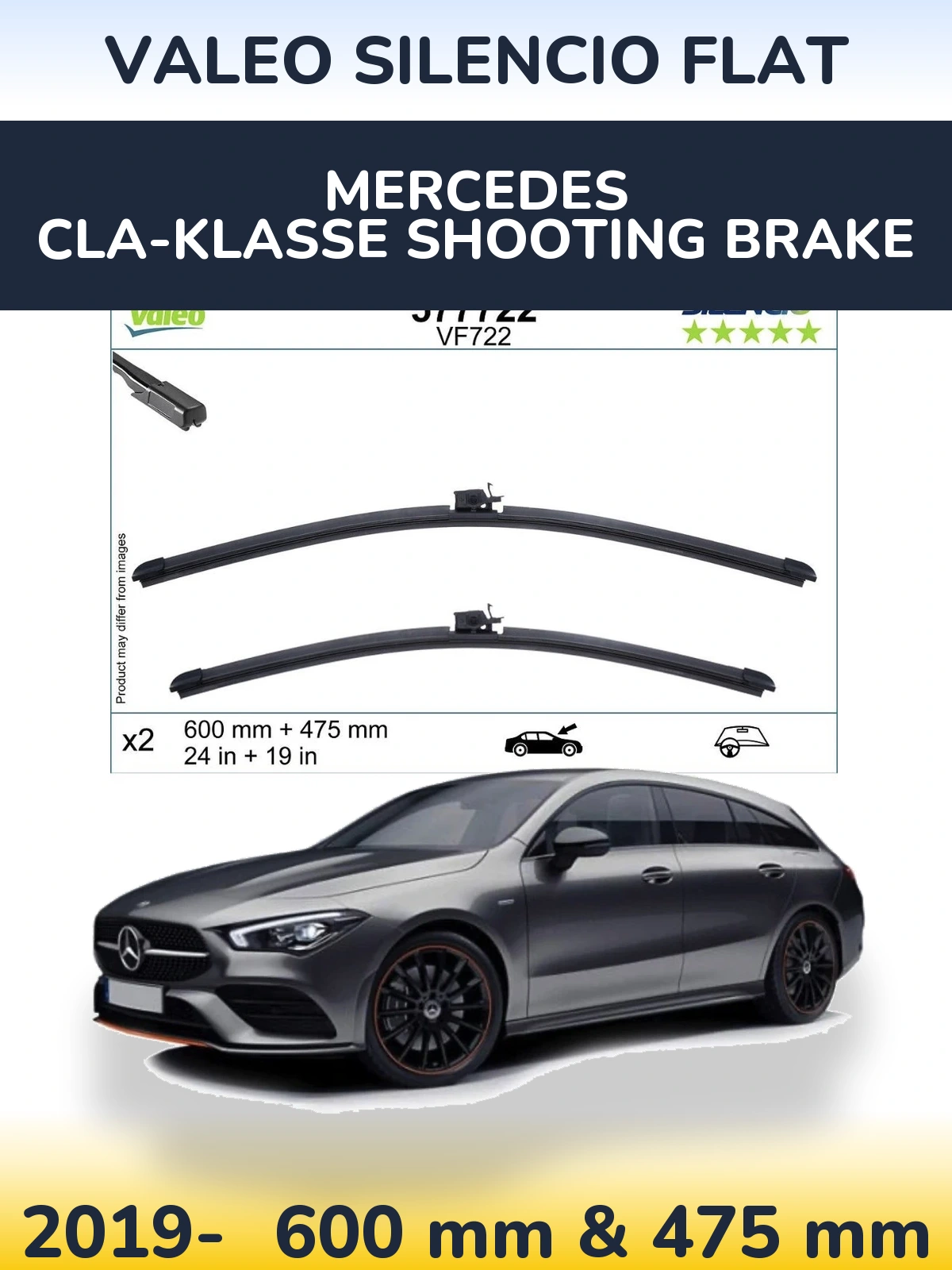 Комплект передних дворников Valeo Silencio Flat 600 & 475 мм для Mercedes CLA-Klasse Shooting Brake 2019-2026